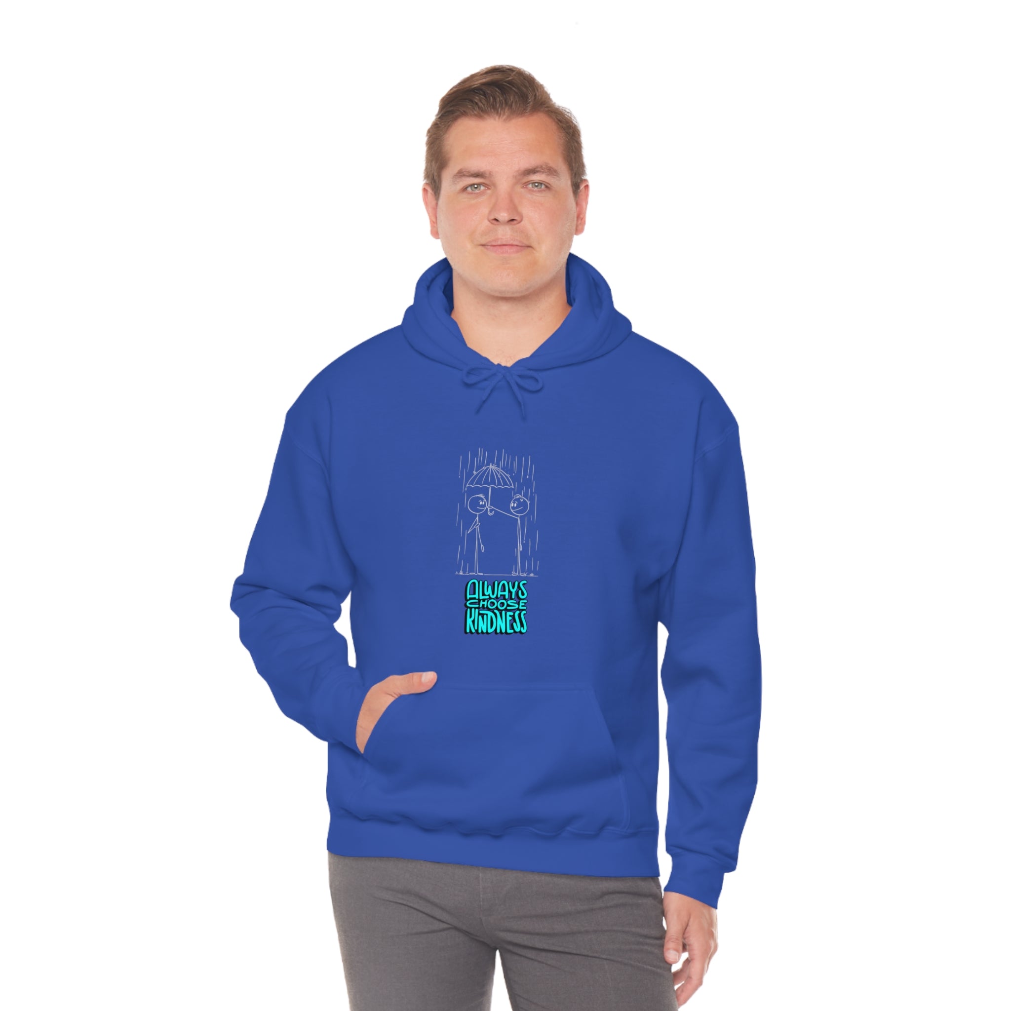 Adult Male wearing royal colored hoodie with "Always Choose Kindness" inspired graphic.