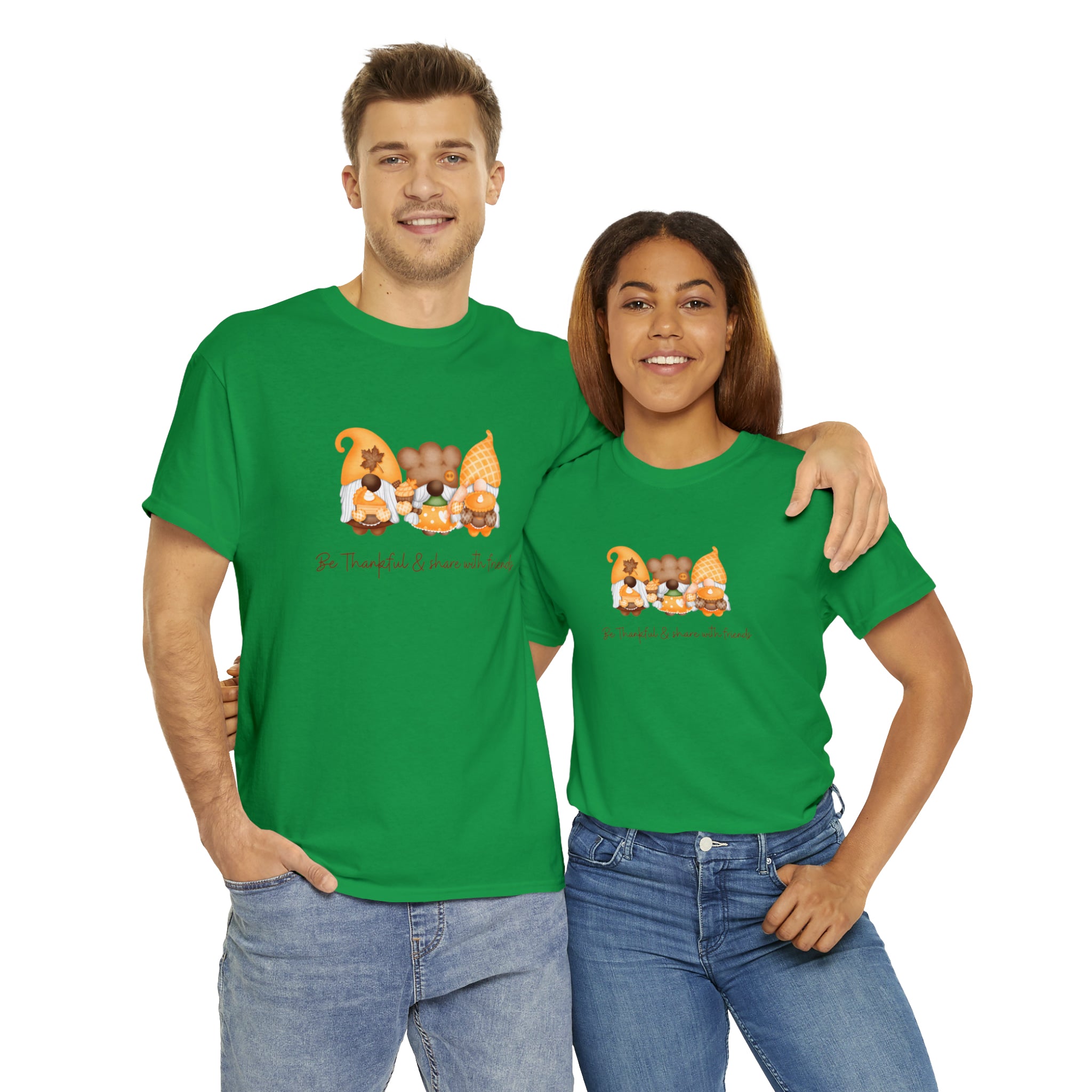 Adult Man & Women Models wearing turf green T-shirt with Gnome image, Be Thankful & Share with Friends.
