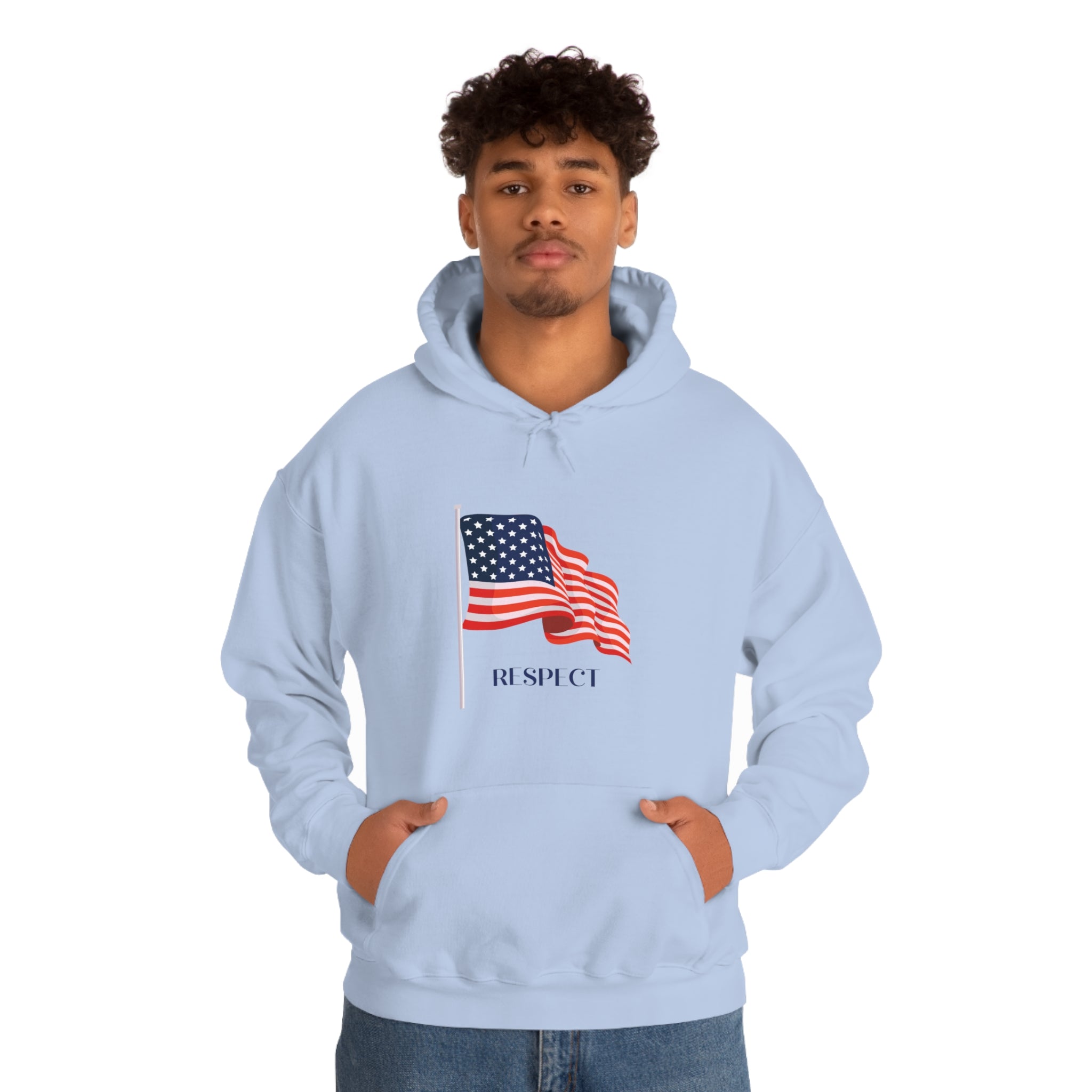 Adult male wearing light blue hoodie with "Respect" inspired American Flag on front.