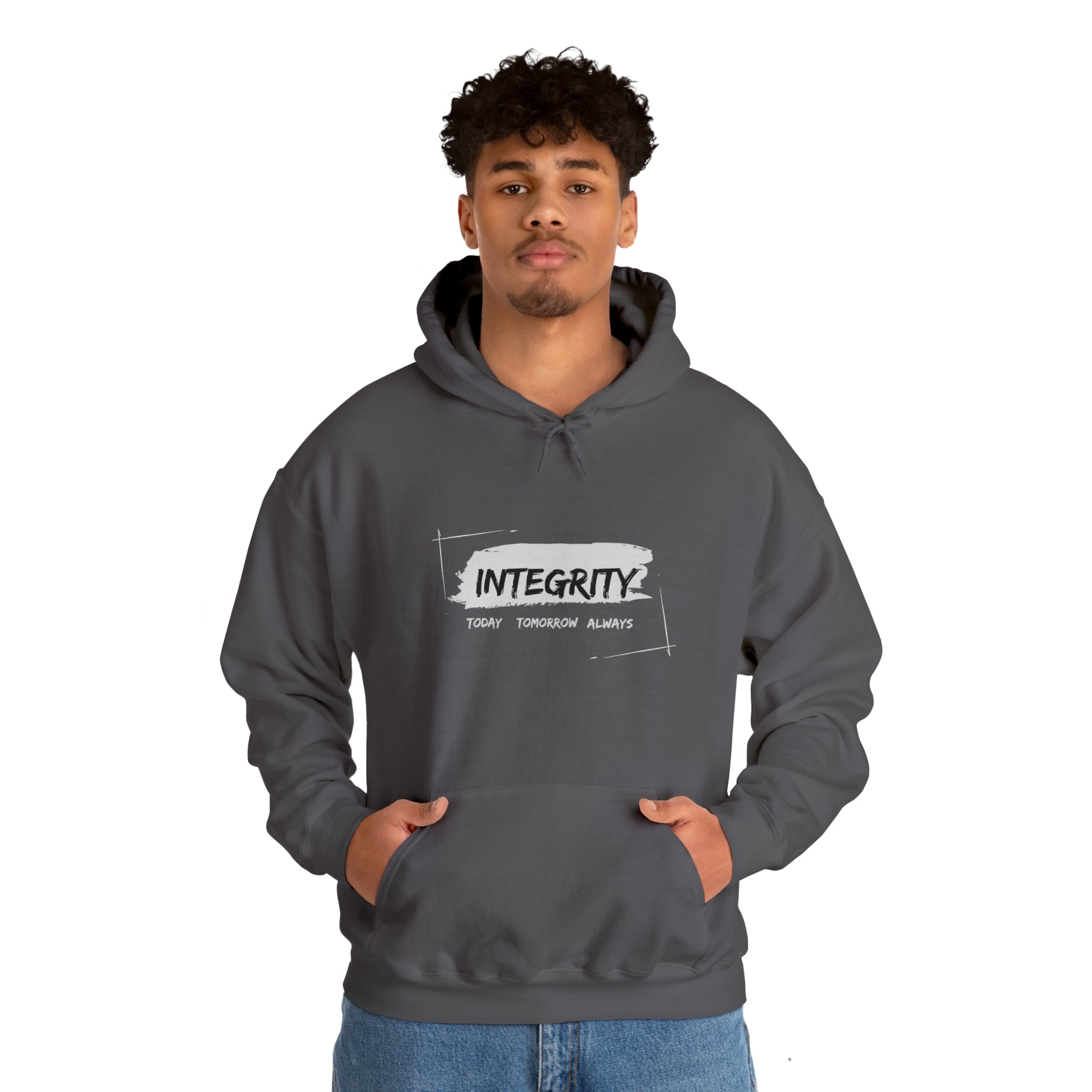 Adult male wearing Unisex charcoal hoodie " Integrity Today Tomorrow Always" inspired image.