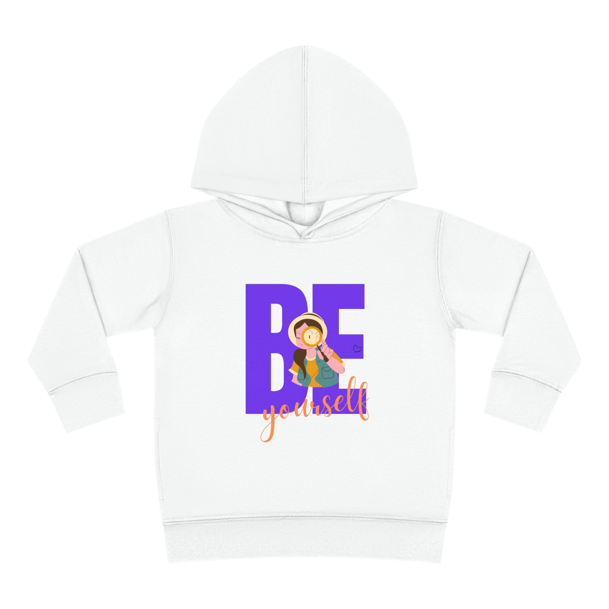 Toddler girls wearing white hoodie with "Be Yourself" motivational image on front.