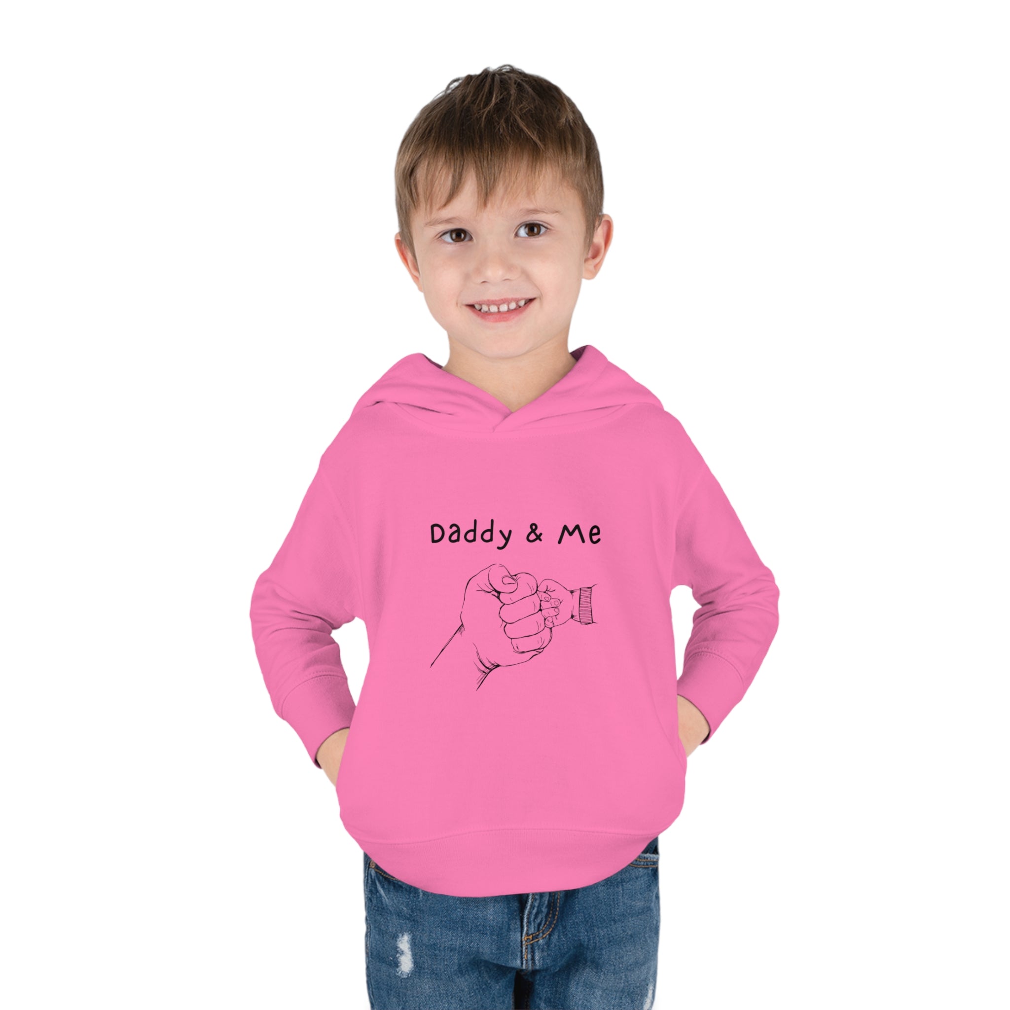 Toddler boy raspberry hoodie " Daddy & Me" with fist bumps hands on front.