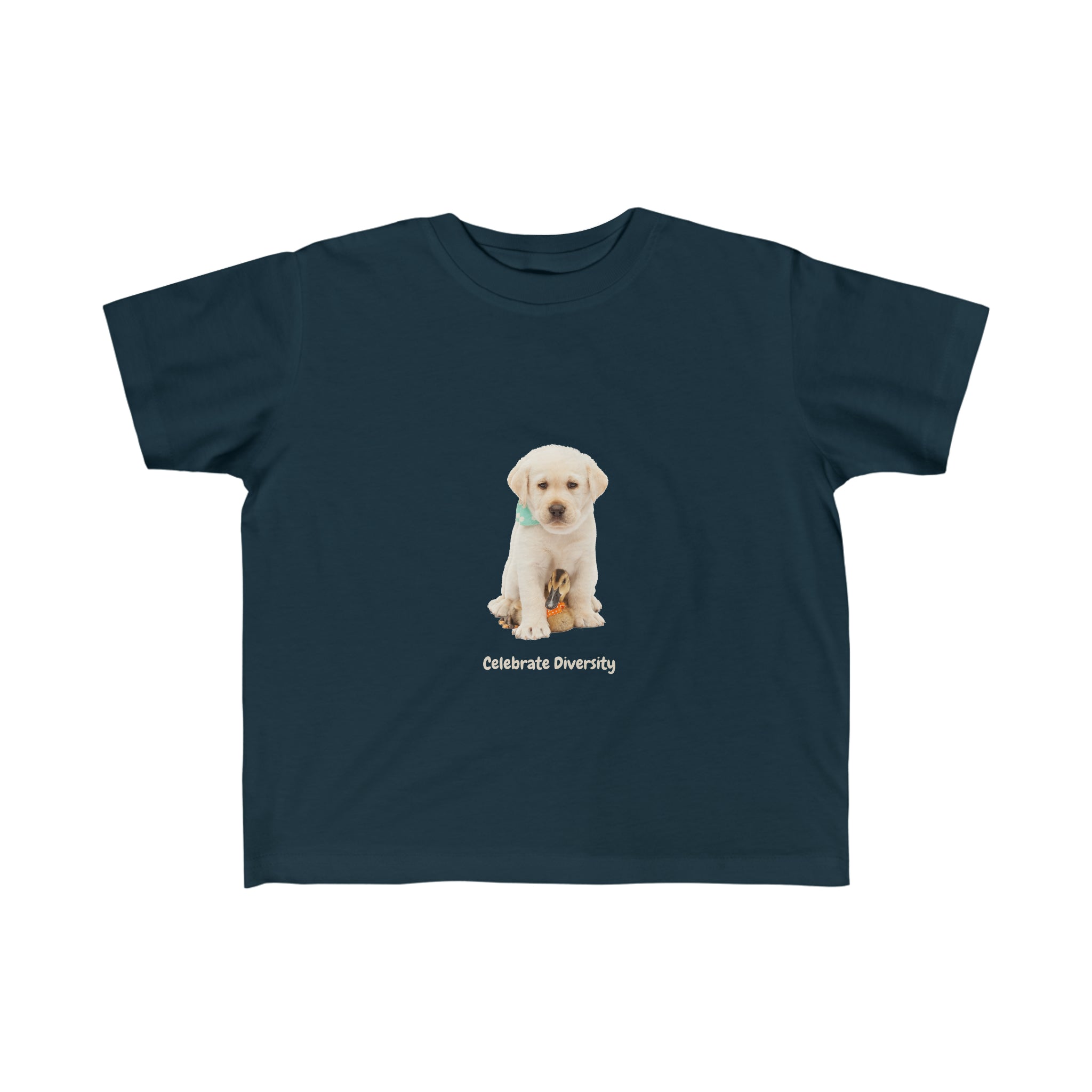 Unisex Toddlers size navy T-shirt with "Celebrate Diversity" graphic with puppy and duck on front.