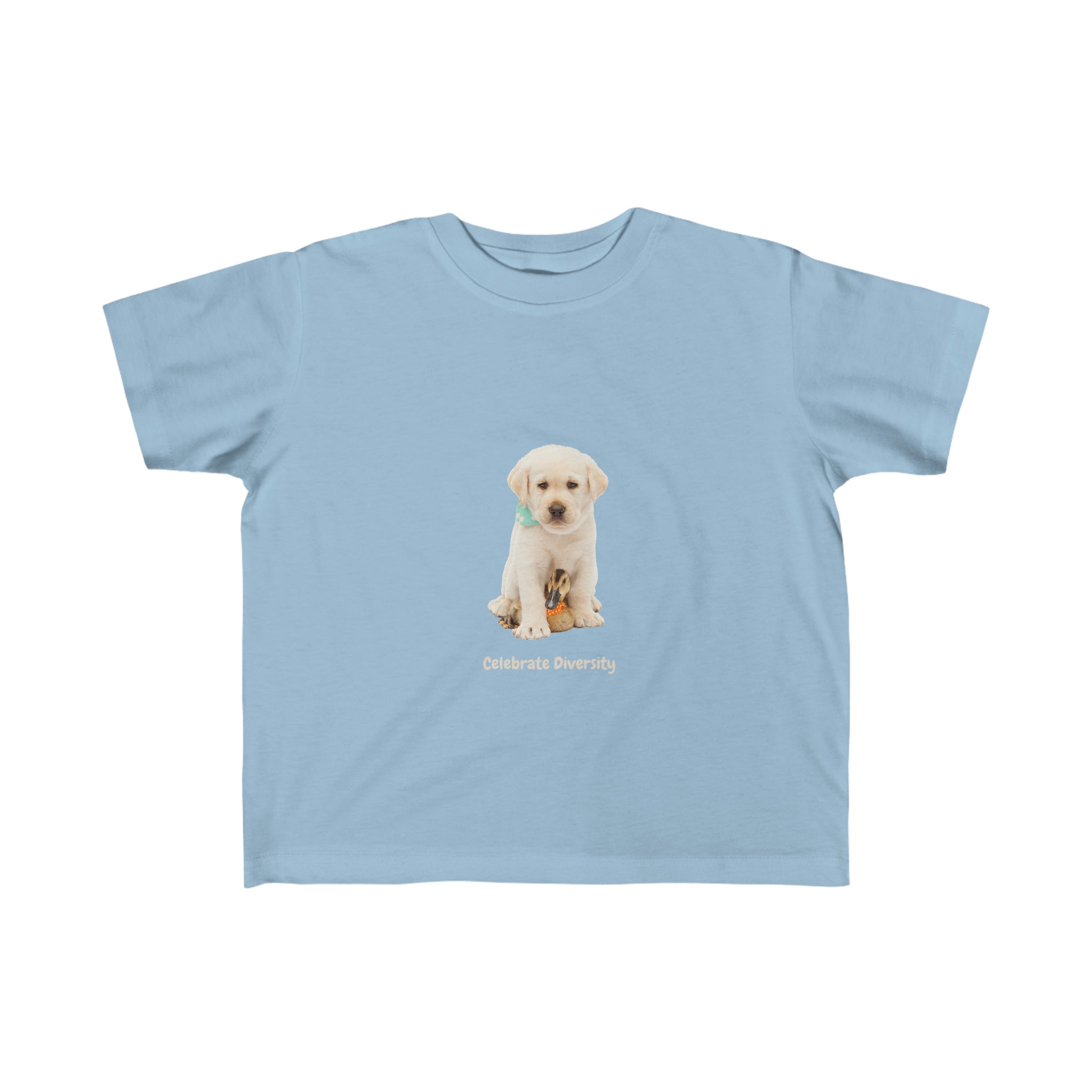 Unisex Toddlers size light blue T-shirt with "Celebrate Diversity" graphic with puppy and duck on front.