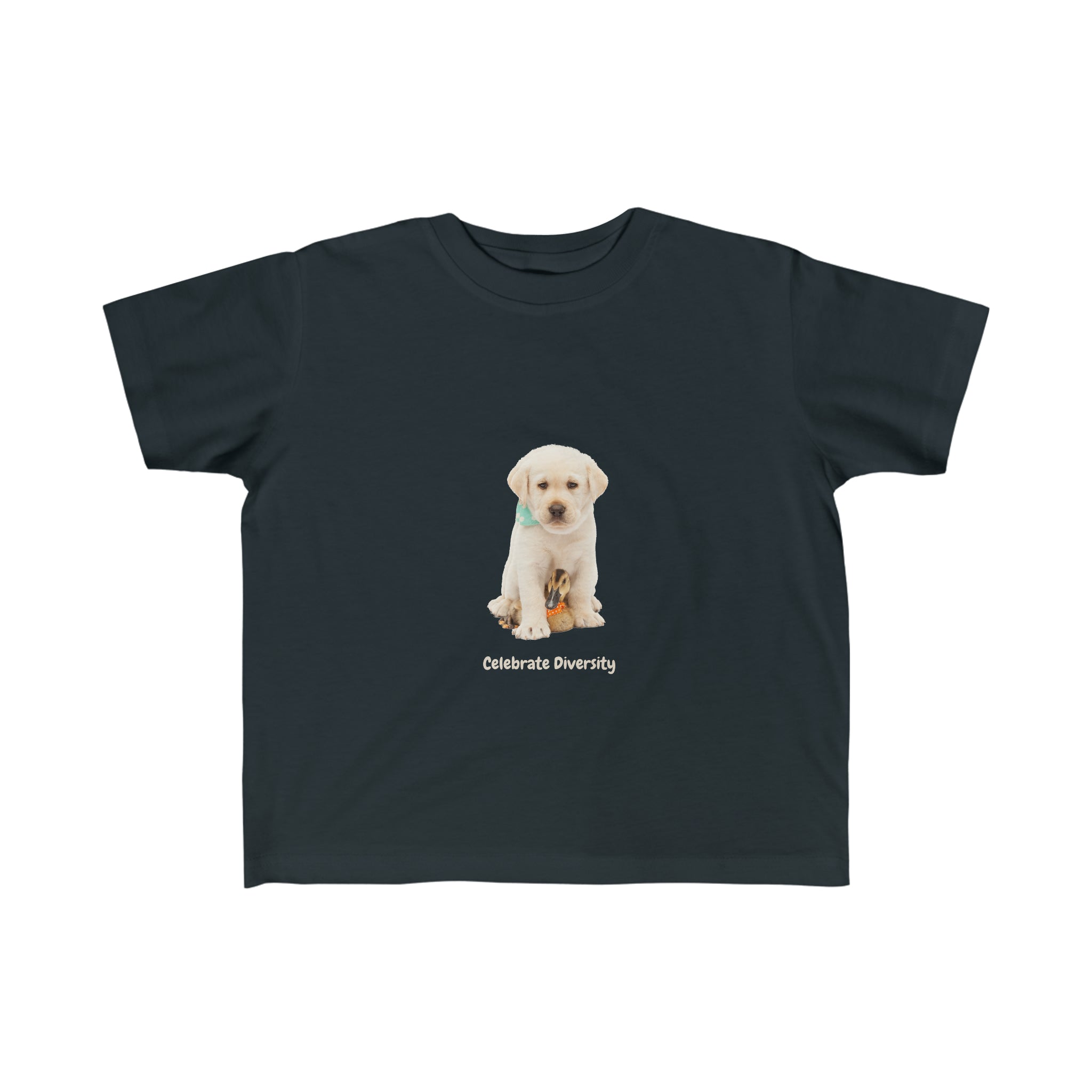 Unisex Toddlers size black T-shirt with "Celebrate Diversity" graphic with puppy and duck on front.