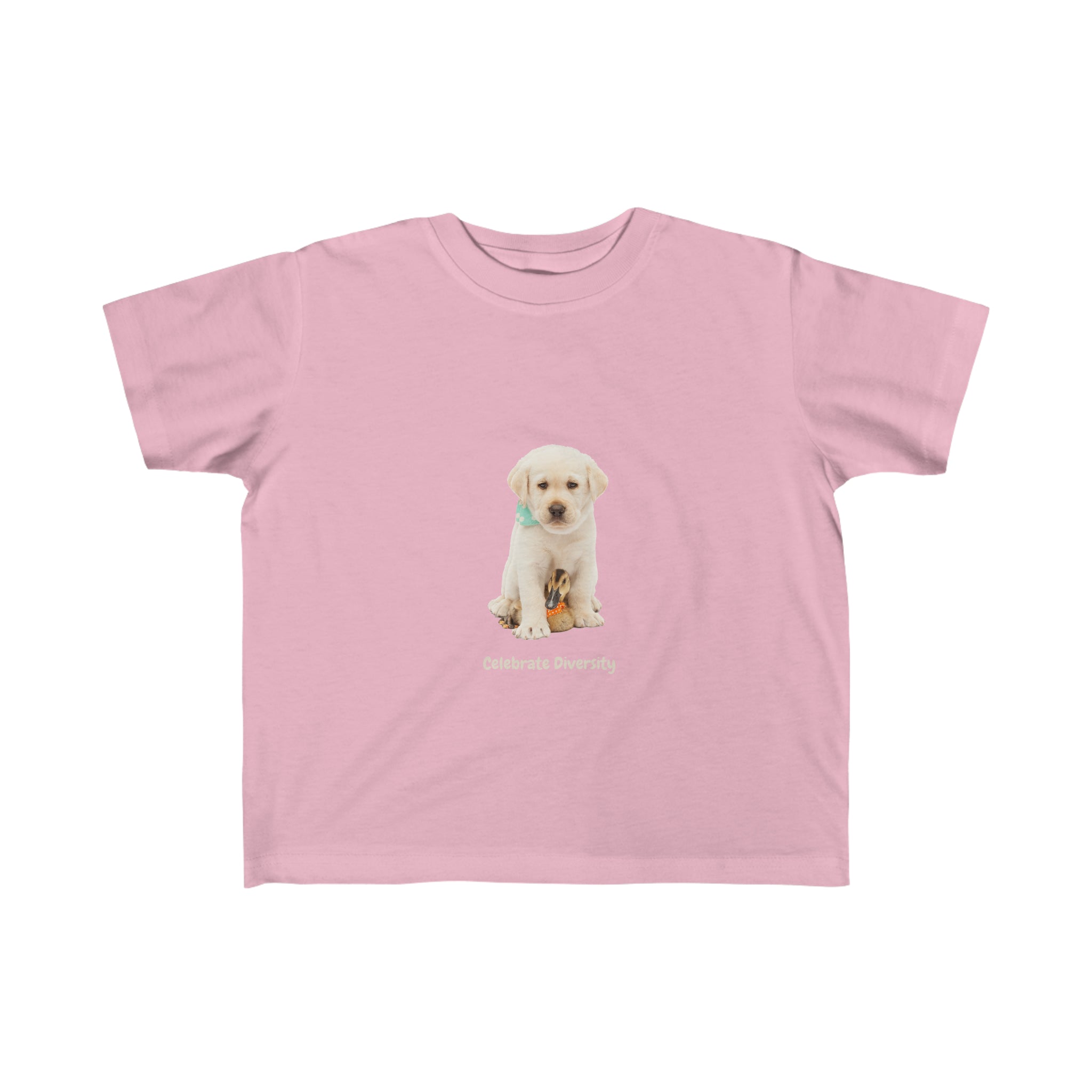 Unisex Toddlers size pink T-shirt with "Celebrate Diversity" graphic with puppy and duck on front.