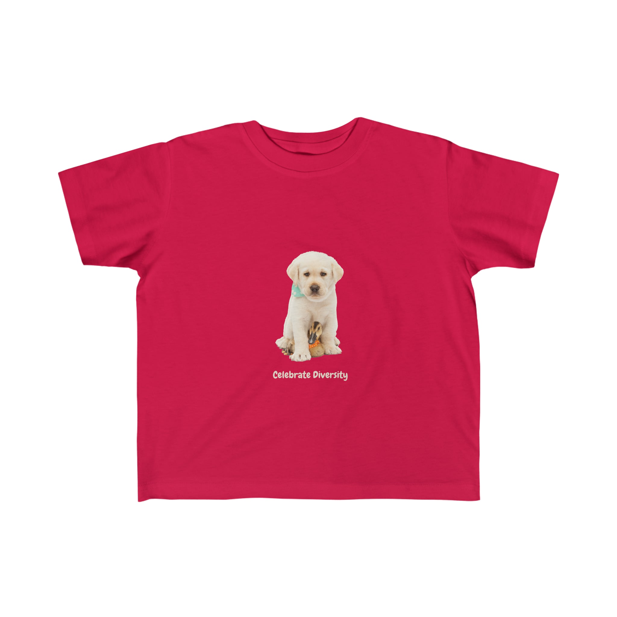 Unisex Toddlers size red T-shirt with "Celebrate Diversity" graphic with puppy and duck on front.