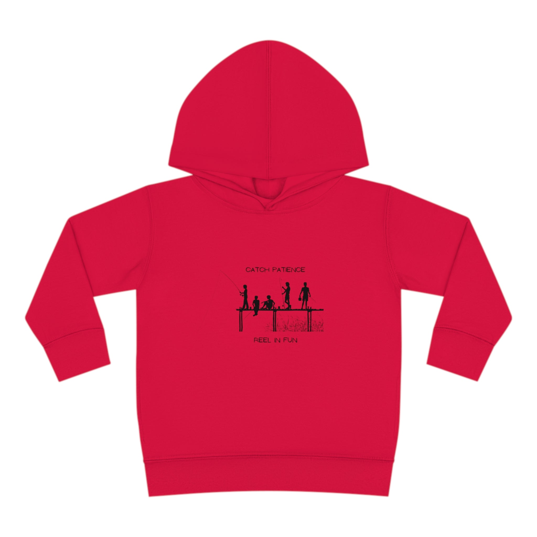 Toddler unisex wearing red hoodie with "Catch Patience Reel in Fun" inspired graphic of people fishing.