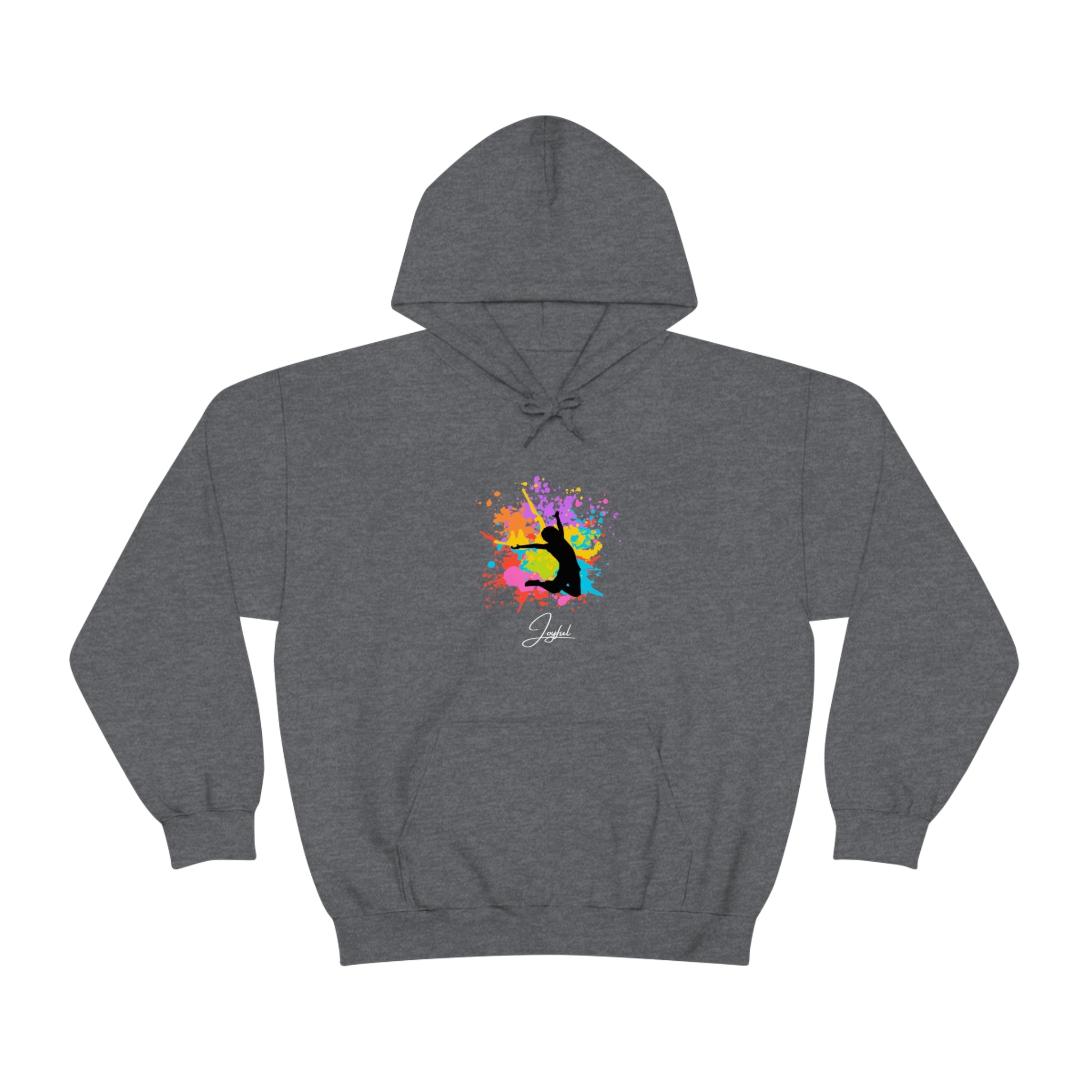 Dark heather sweatshirt with "Joyful" graphic on front.