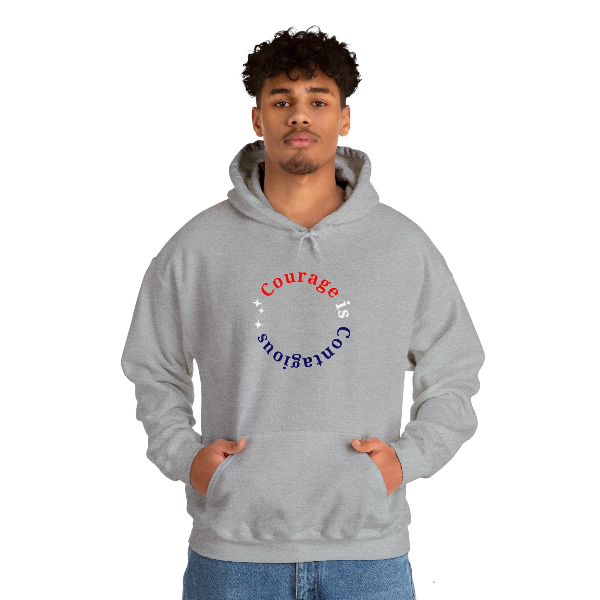 Adult man wearing sports grey  hoodie " Courage is Contagious" inspired message on front.