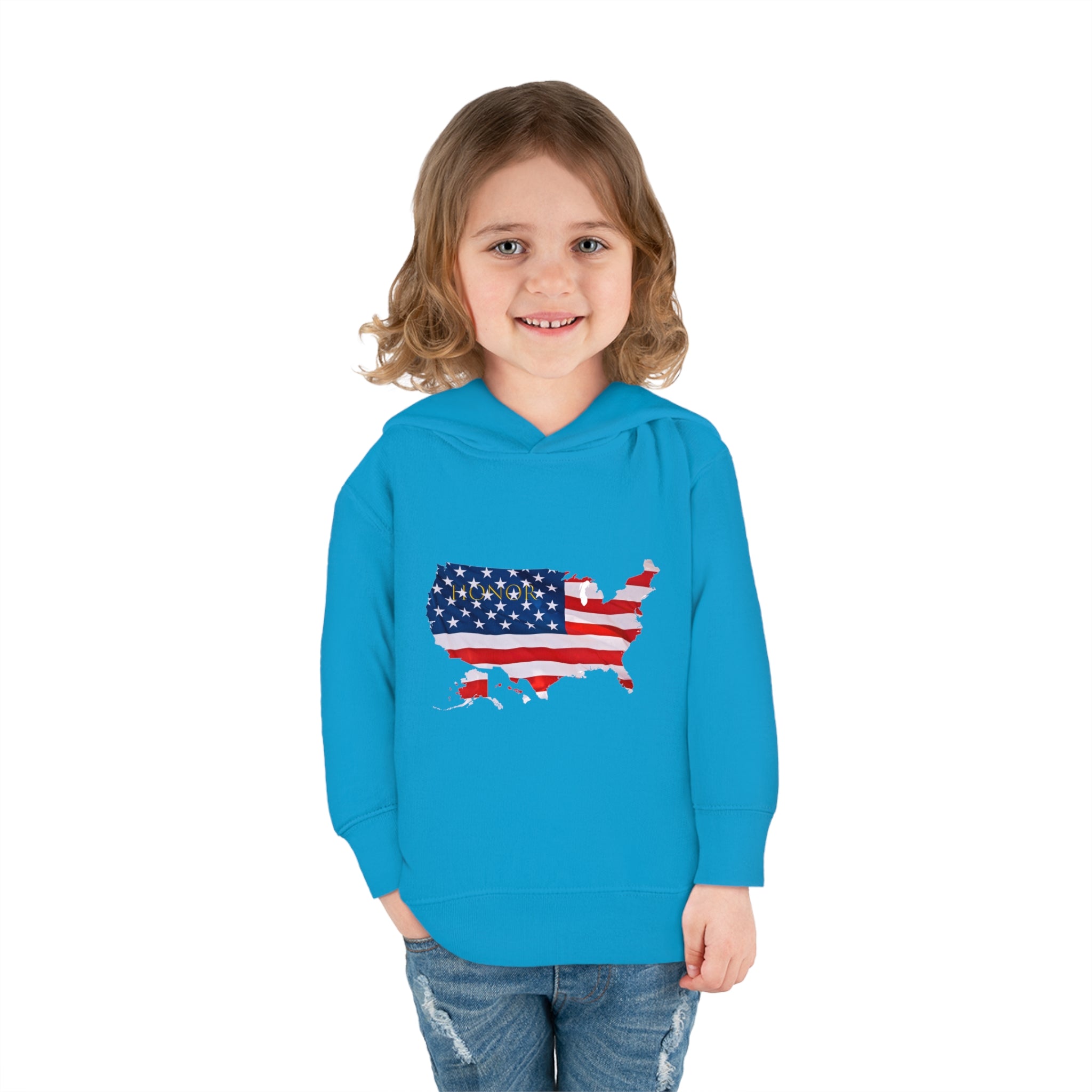Toddler Girl wearing royal Hoodie with "Honor USA" inspired American as a Flag graphic on front.
