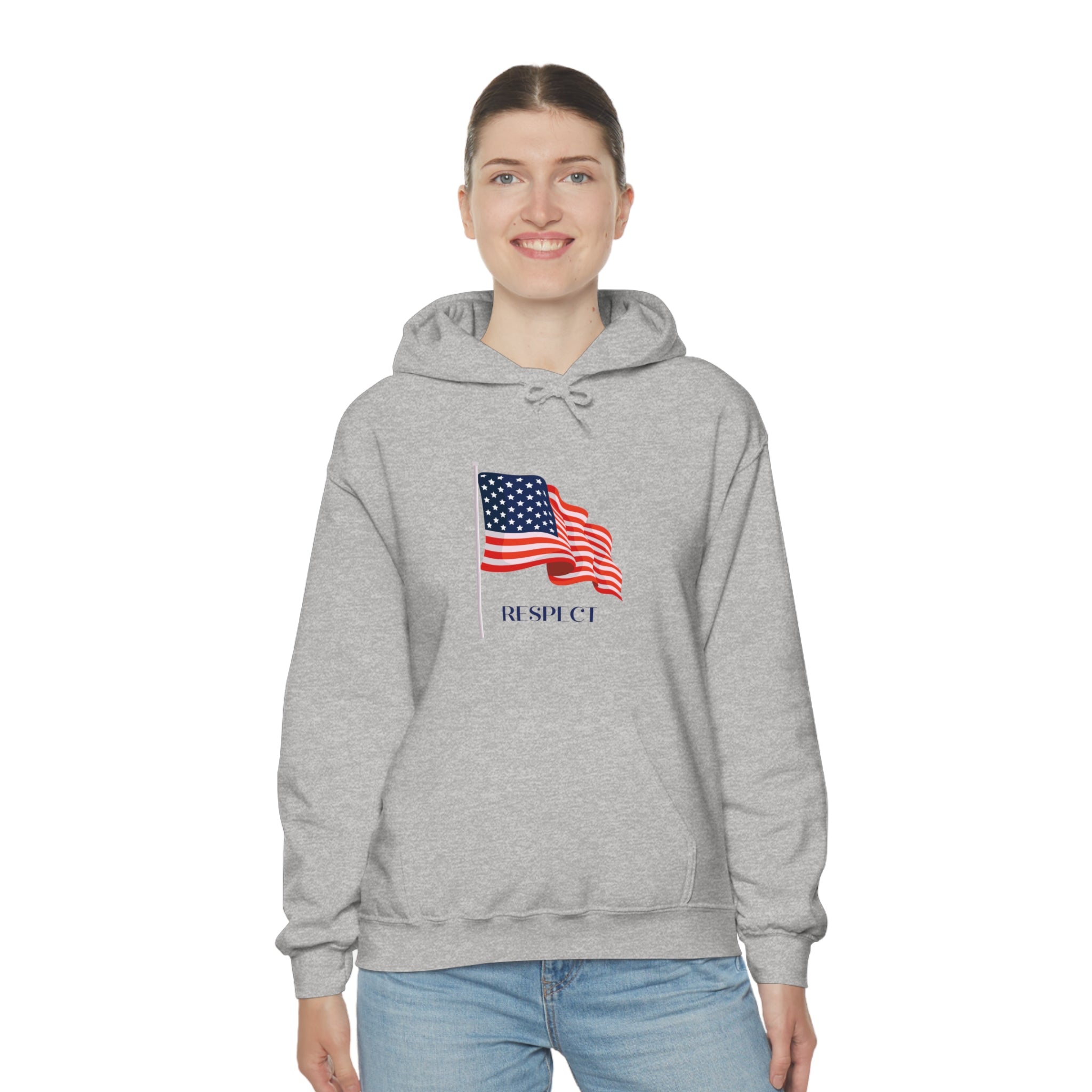 Adult female wearing sports grey hoodie with "Respect" inspired American Flag on front.