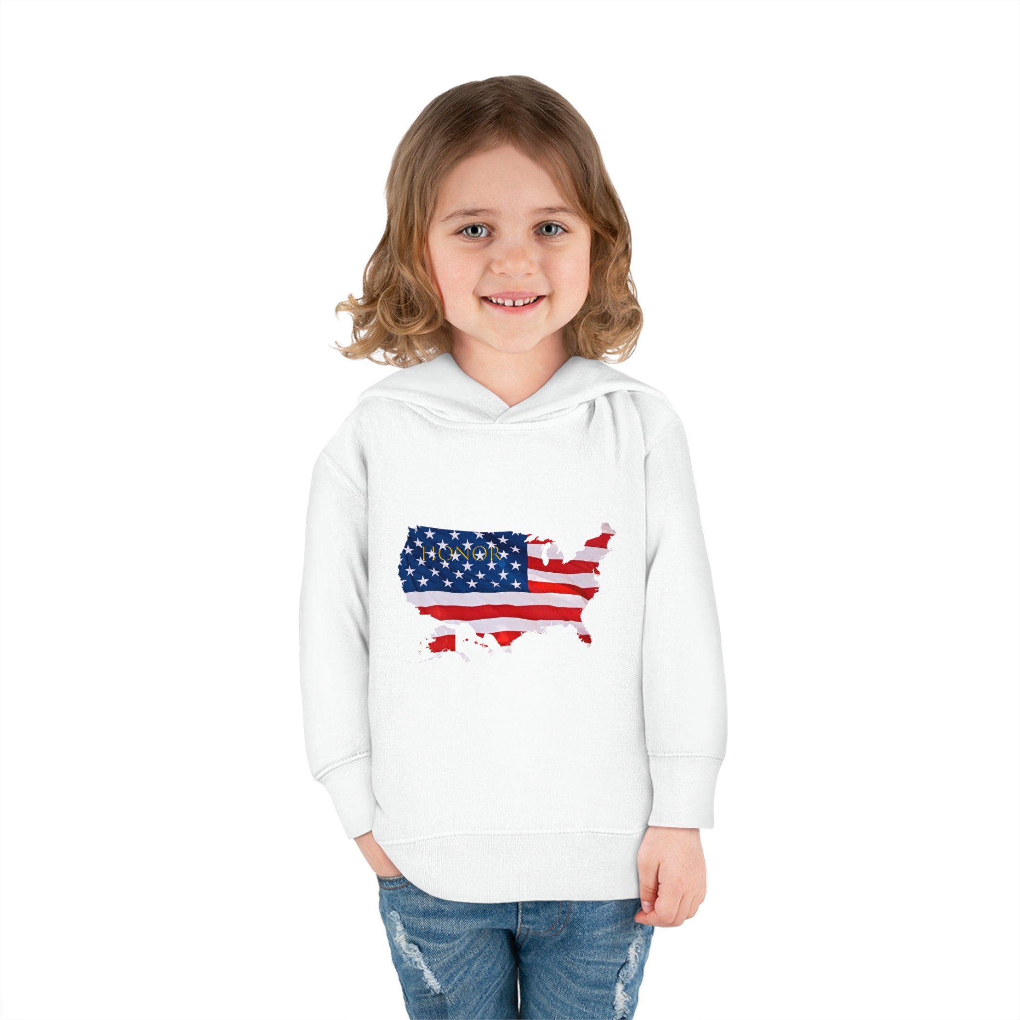 Toddler Girl wearing white Hoodie with "Honor USA" inspired American as a Flag graphic on front.