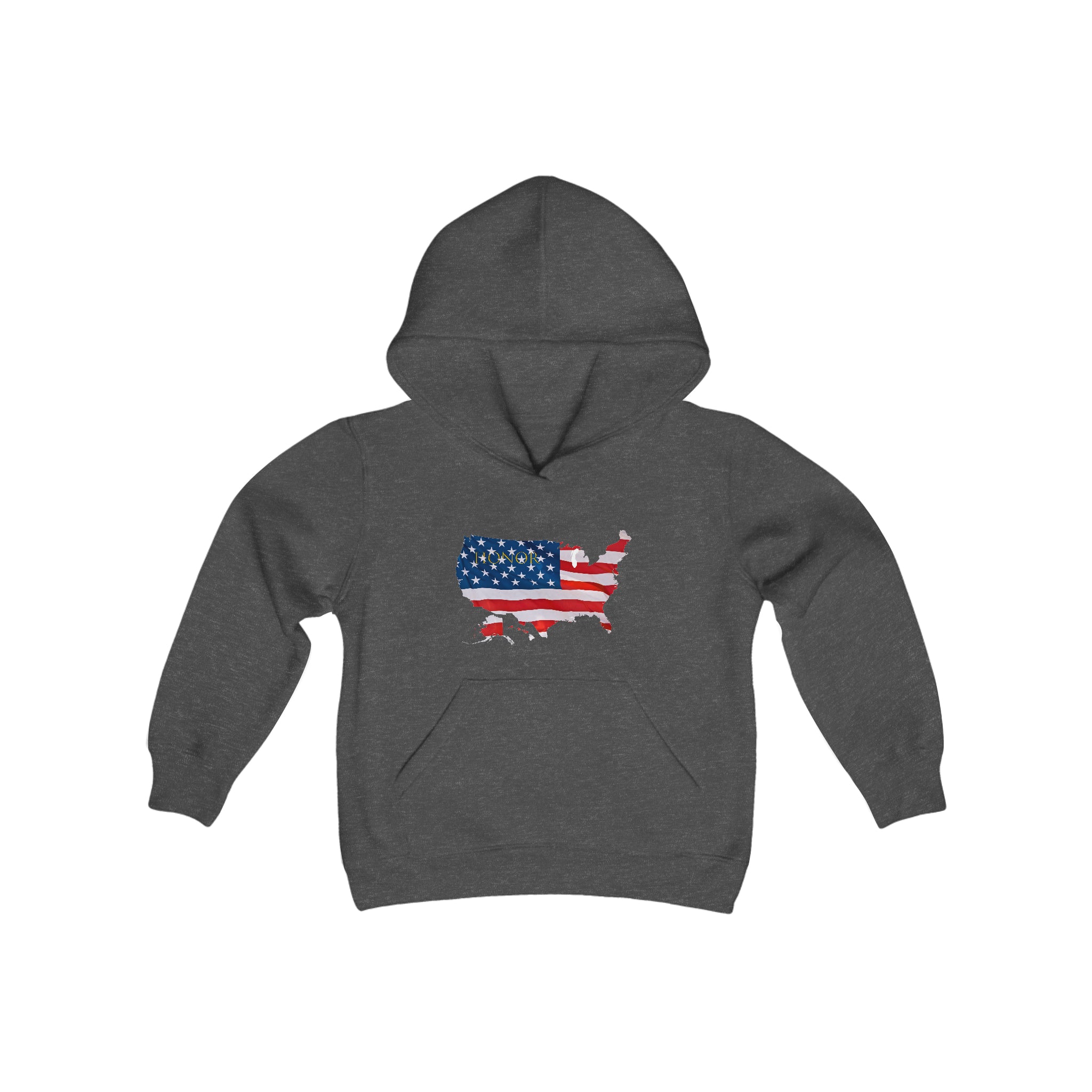 Youth unisex charcoal hoodie with "Honor USA" inspired American as a Flag graphic on front.