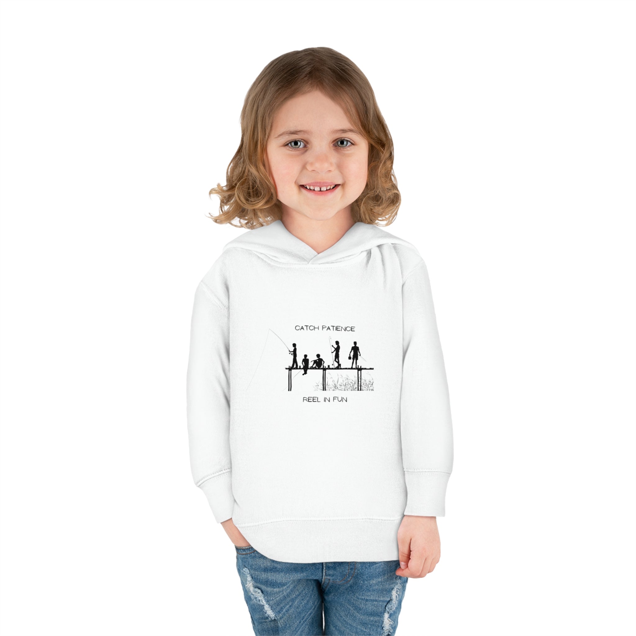Girl Toddler unisex wearing white hoodie with "Catch Patience Reel in Fun" inspired graphic of people fishing.