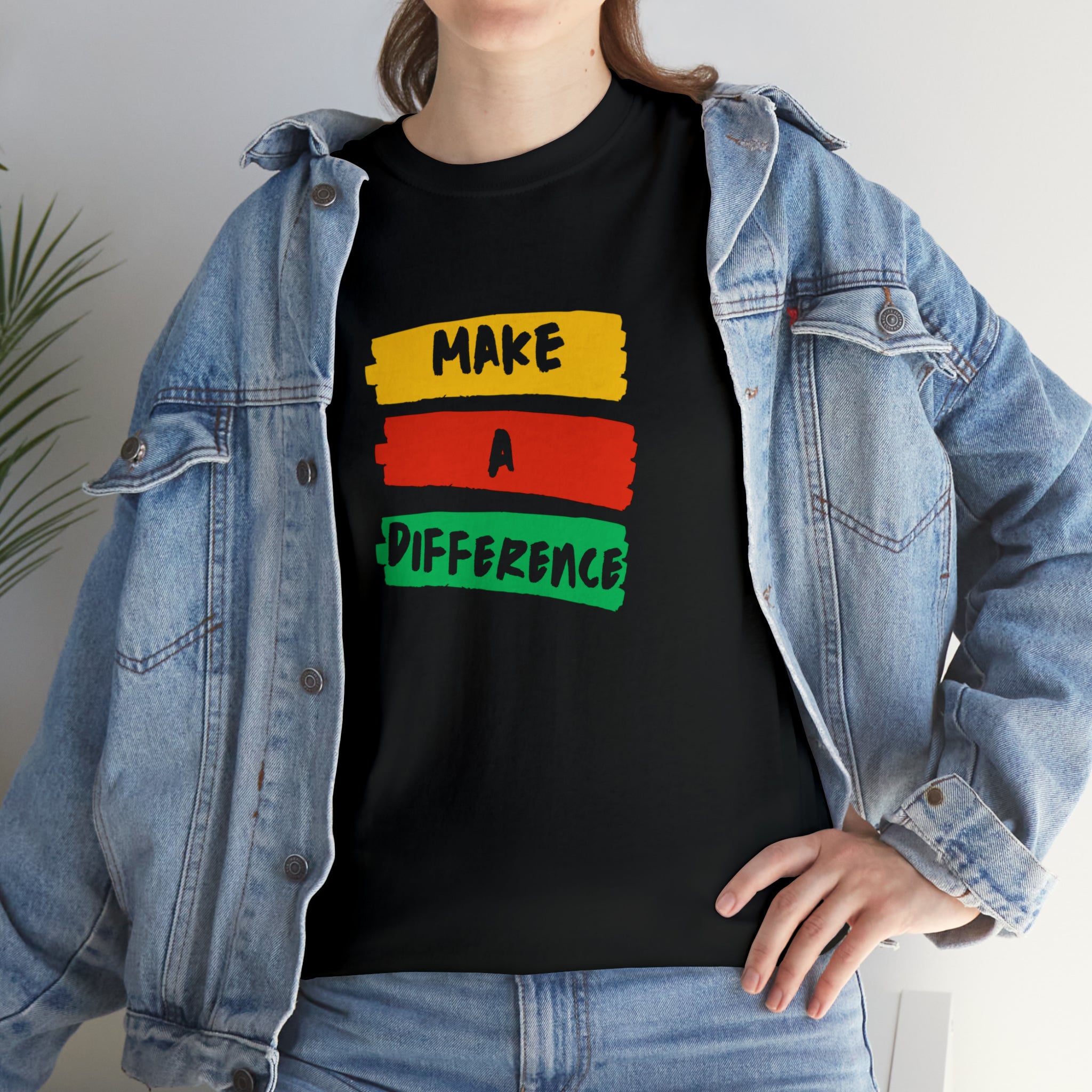 Adult female unisex  black T-Shirt with " Make A Difference" inspired images.