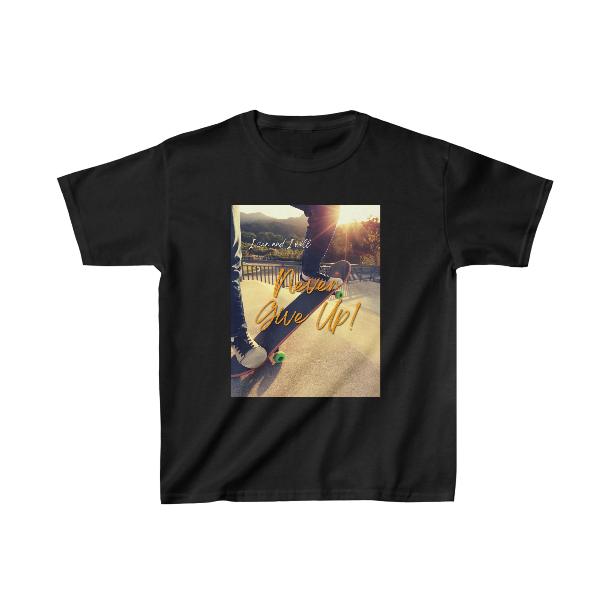 Youth black T-shirt with " I will I can Never give Up" image on front.