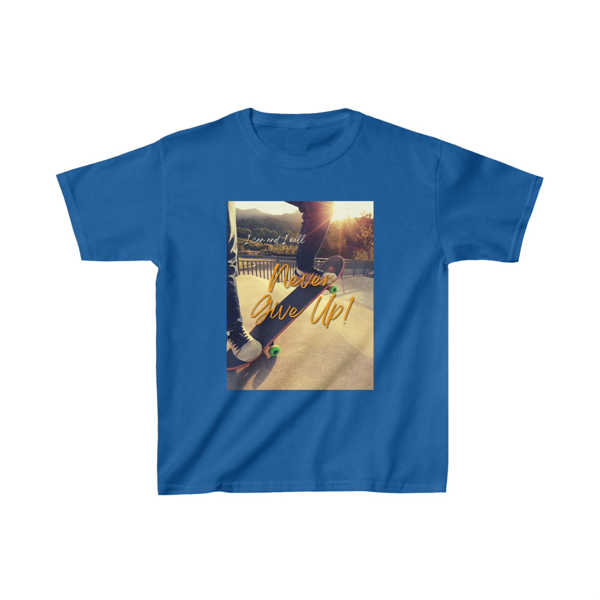 Youth unisex royal T-shirt with " I will I can Never give Up" image on front.