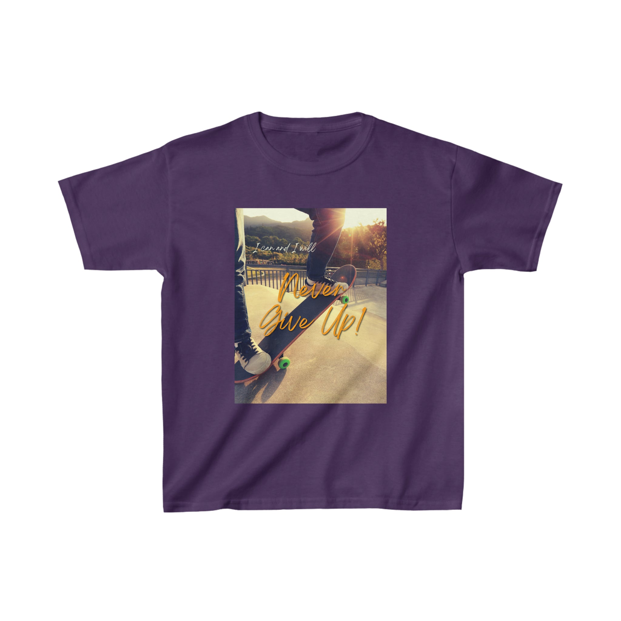 Youth unisex purple T-shirt with " I will I can Never give Up" image on front.