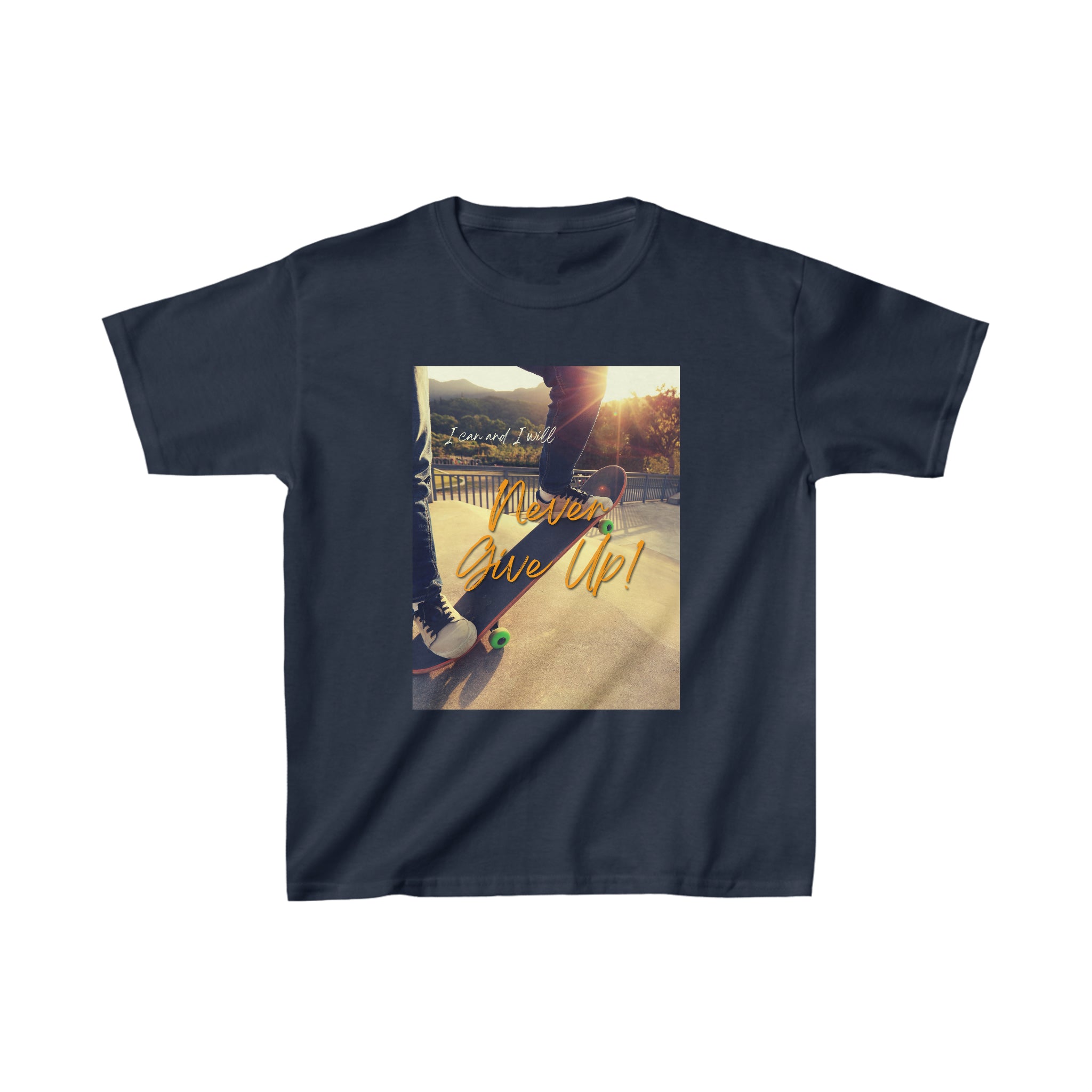 Youth navy T-shirt with " I will I can Never give Up" image on front.