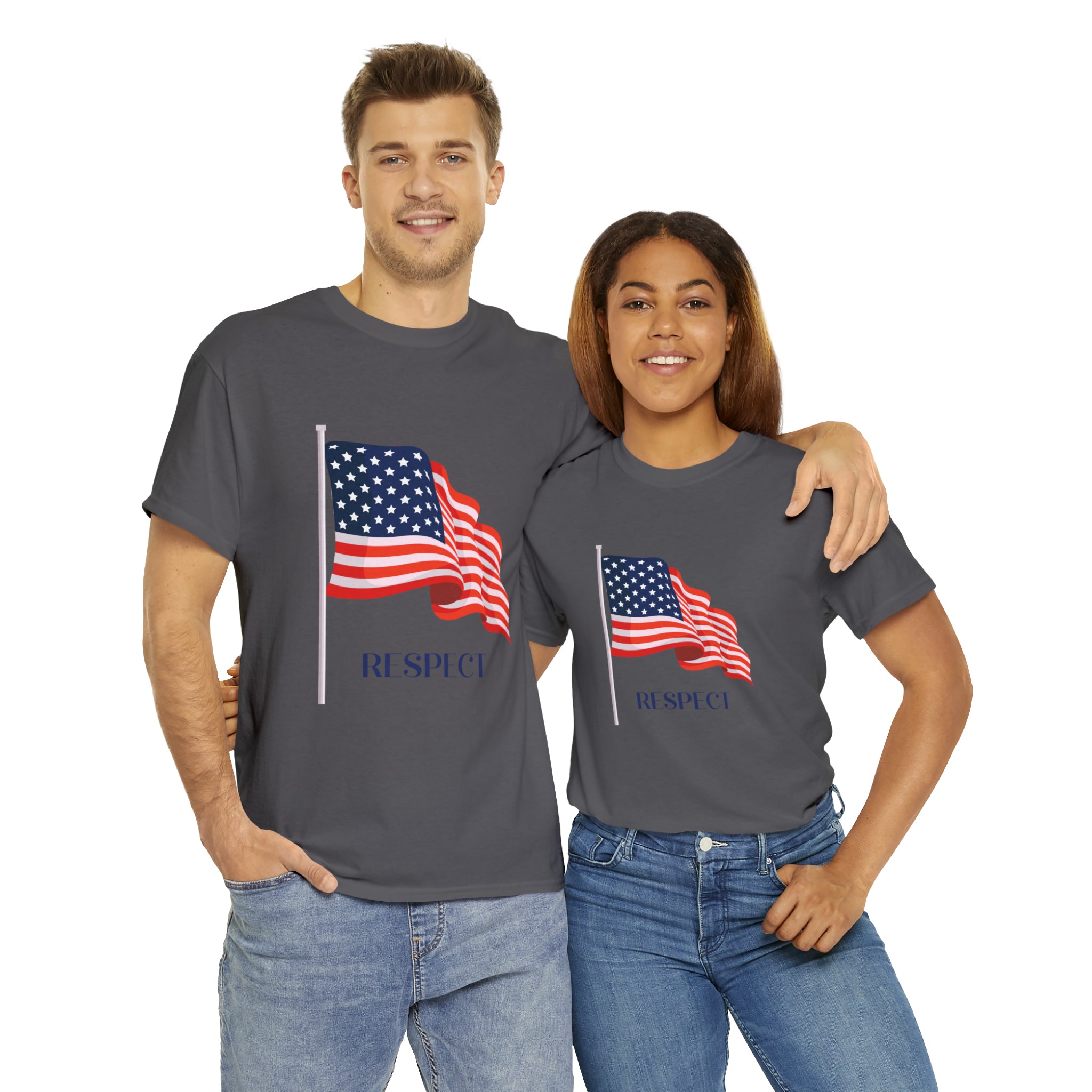 Adult Man & Women wearing dark heather T-Shirt " Respect" American flag on front.