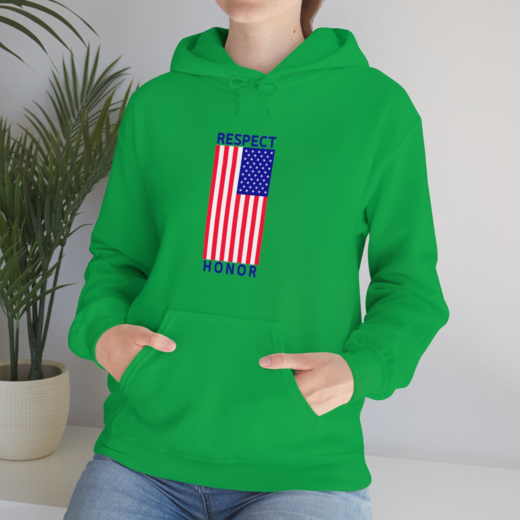 Adult female front view wearing irish green hoodie with "Respect Honor" Inspired Classic American Flag on front.