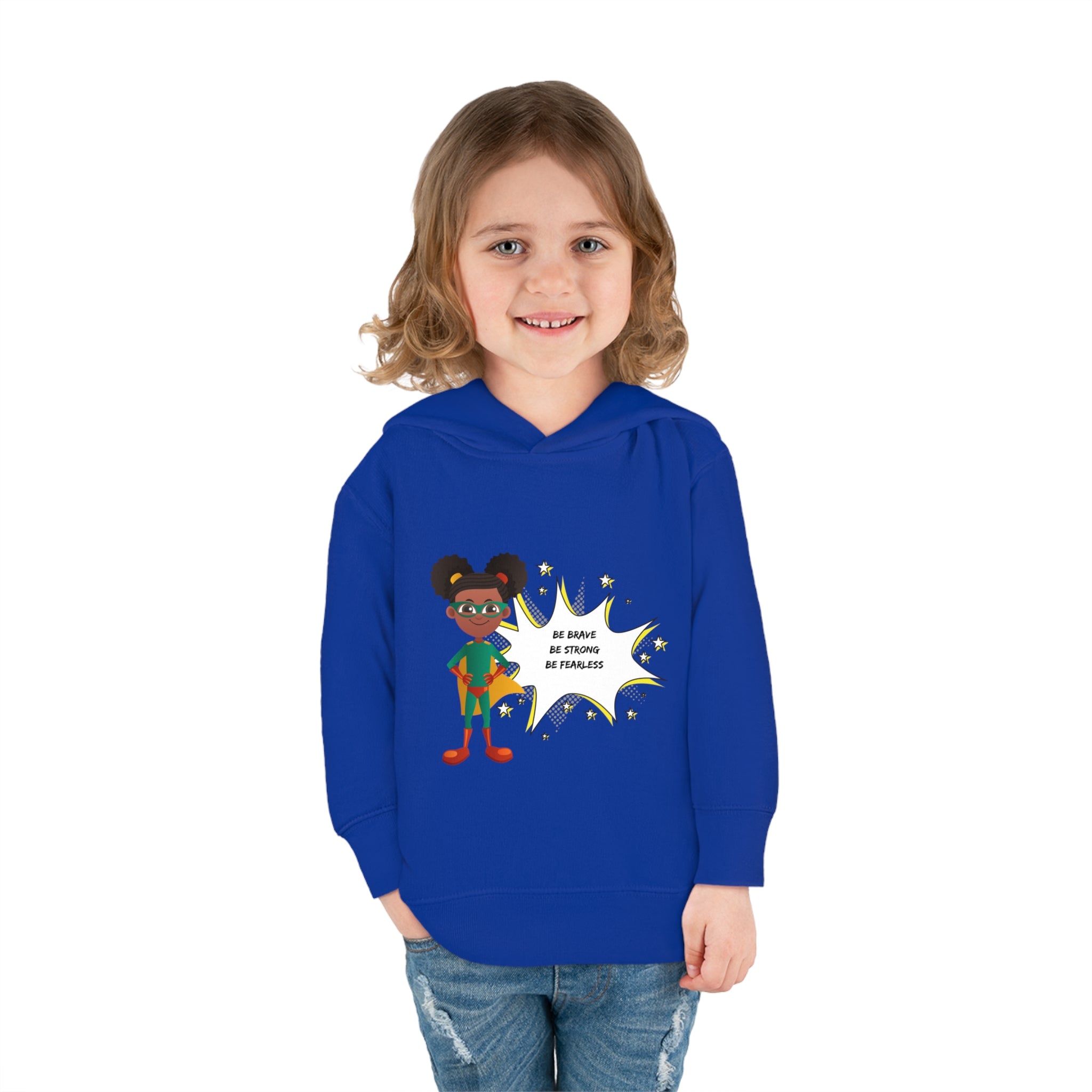 Toddler girl model wearing royal  hoodie with girl superhero image with Be Bold Be Strong Be Fearless image on front