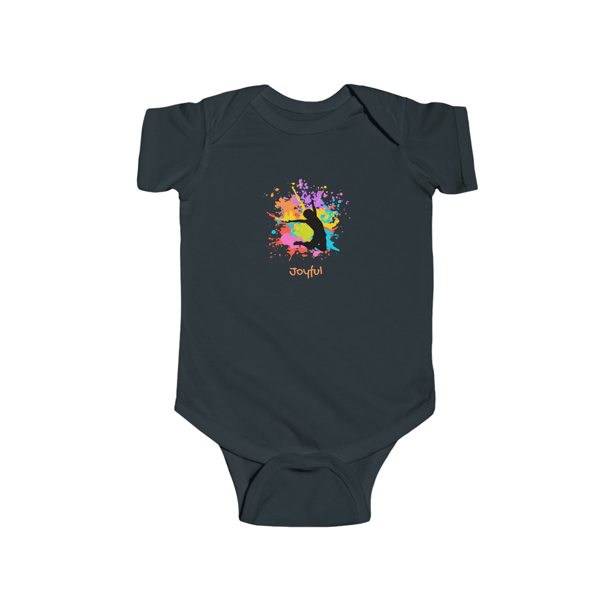 Infant black onesie with" Joyful" inspired graphic on front.