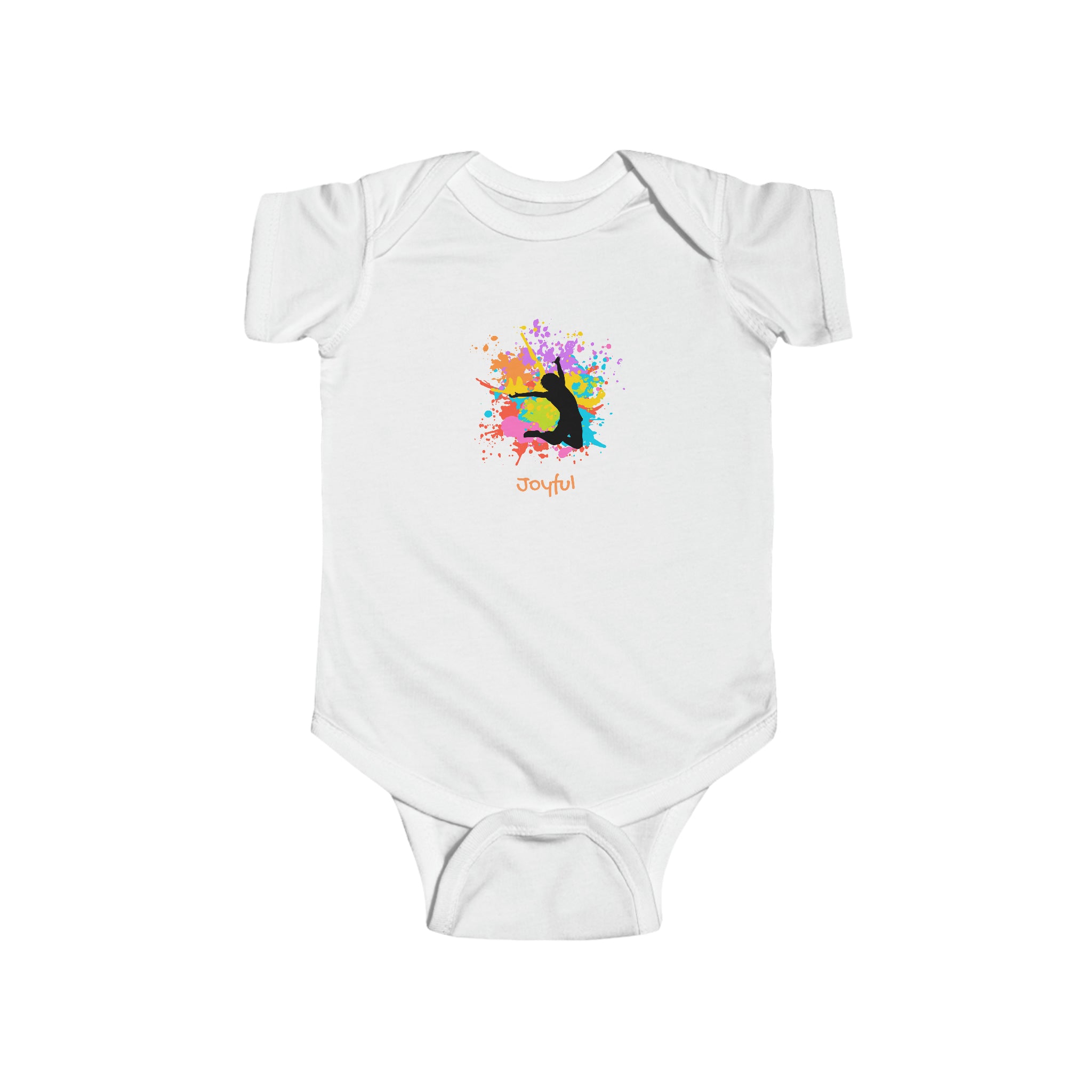 Infant white  onesie with" Joyful" inspired graphic on front.