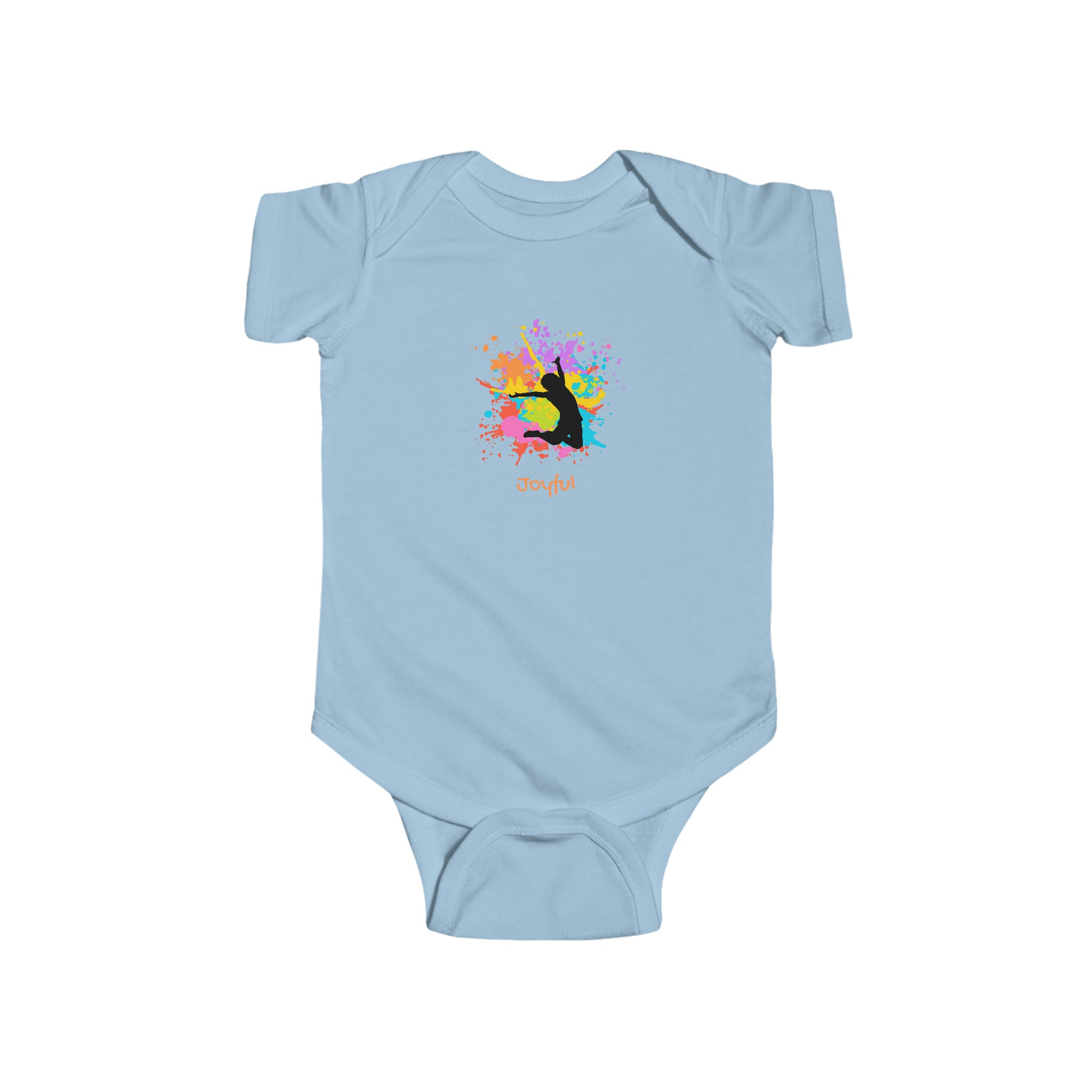 Infant light blue onesie with" Joyful" inspired graphic on front.