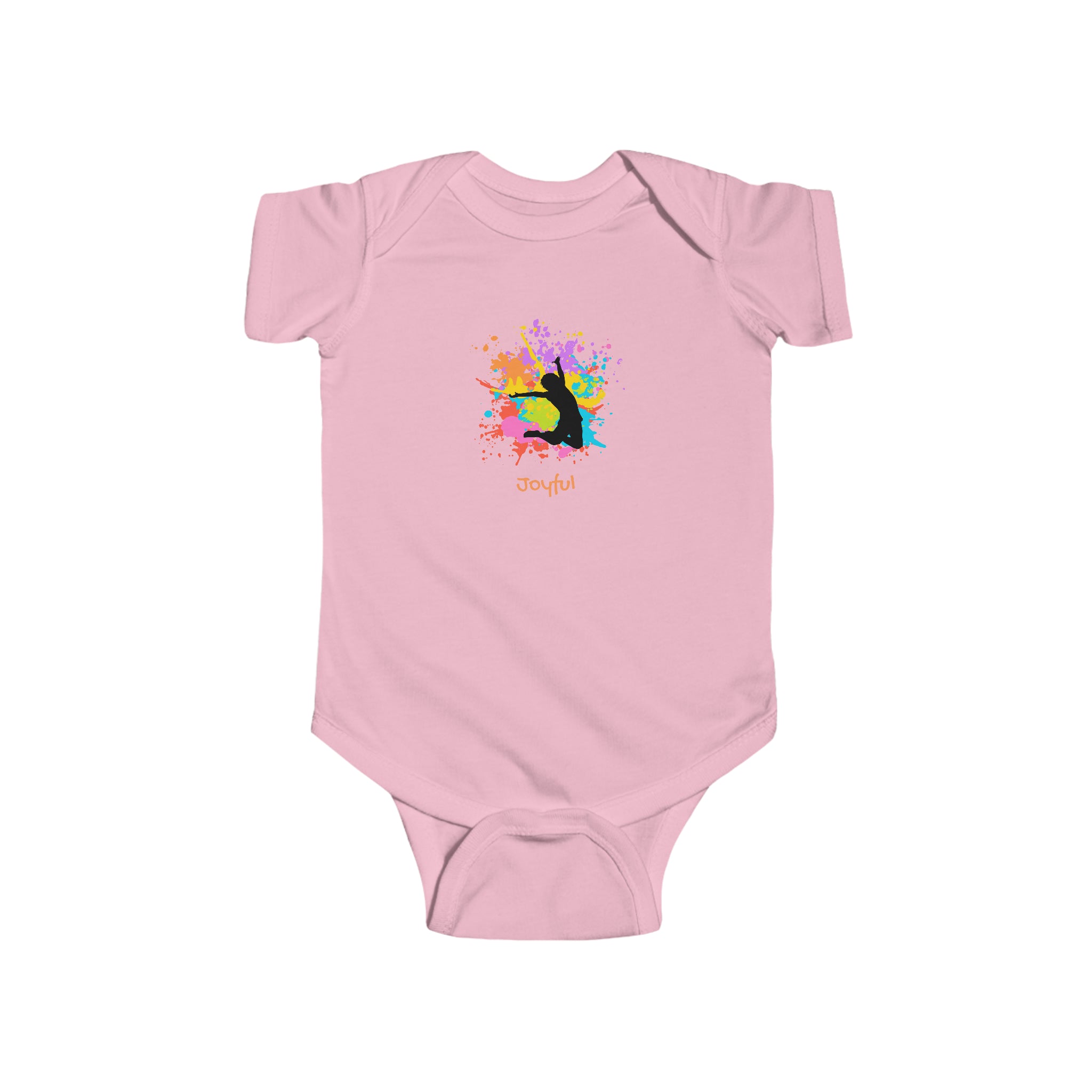 Infant pink onesie with" Joyful" inspired graphic on front.