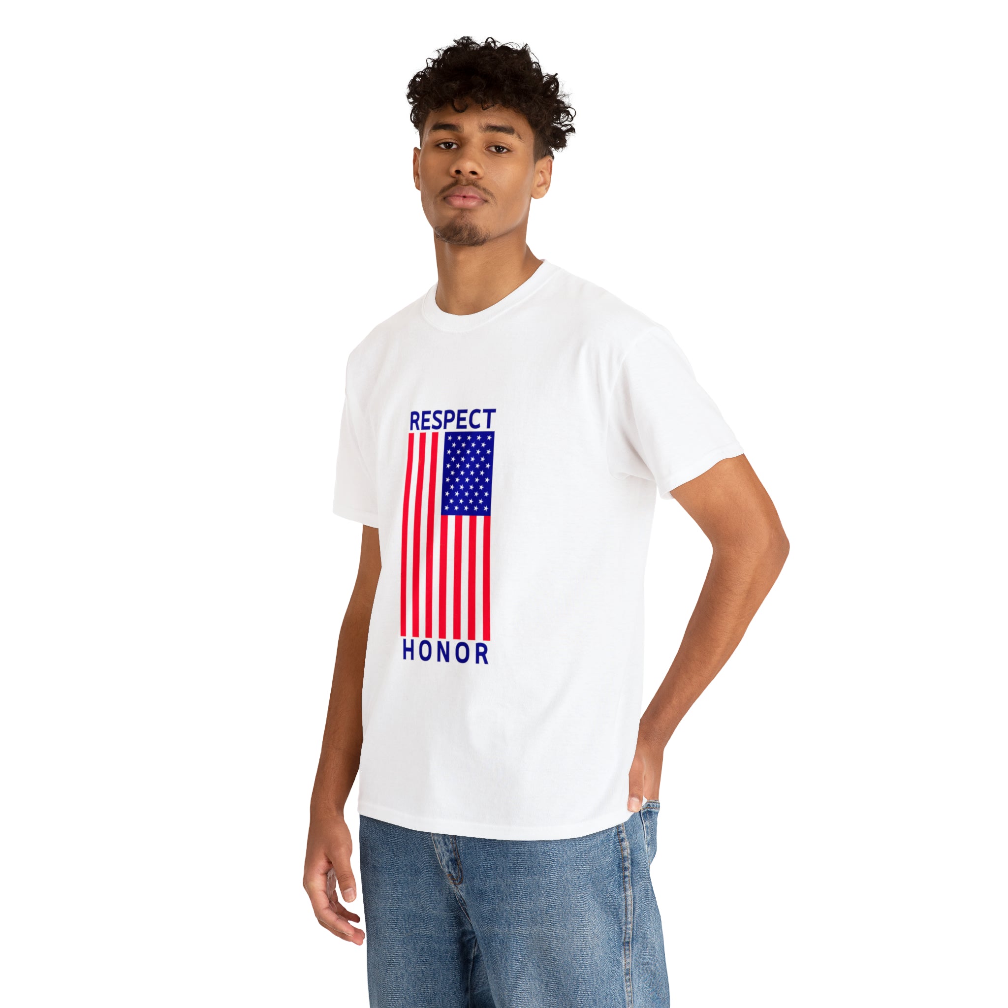 Adult man wearing white T-Shirt with "Respect Honor" Inspired Classic American Flag on front.