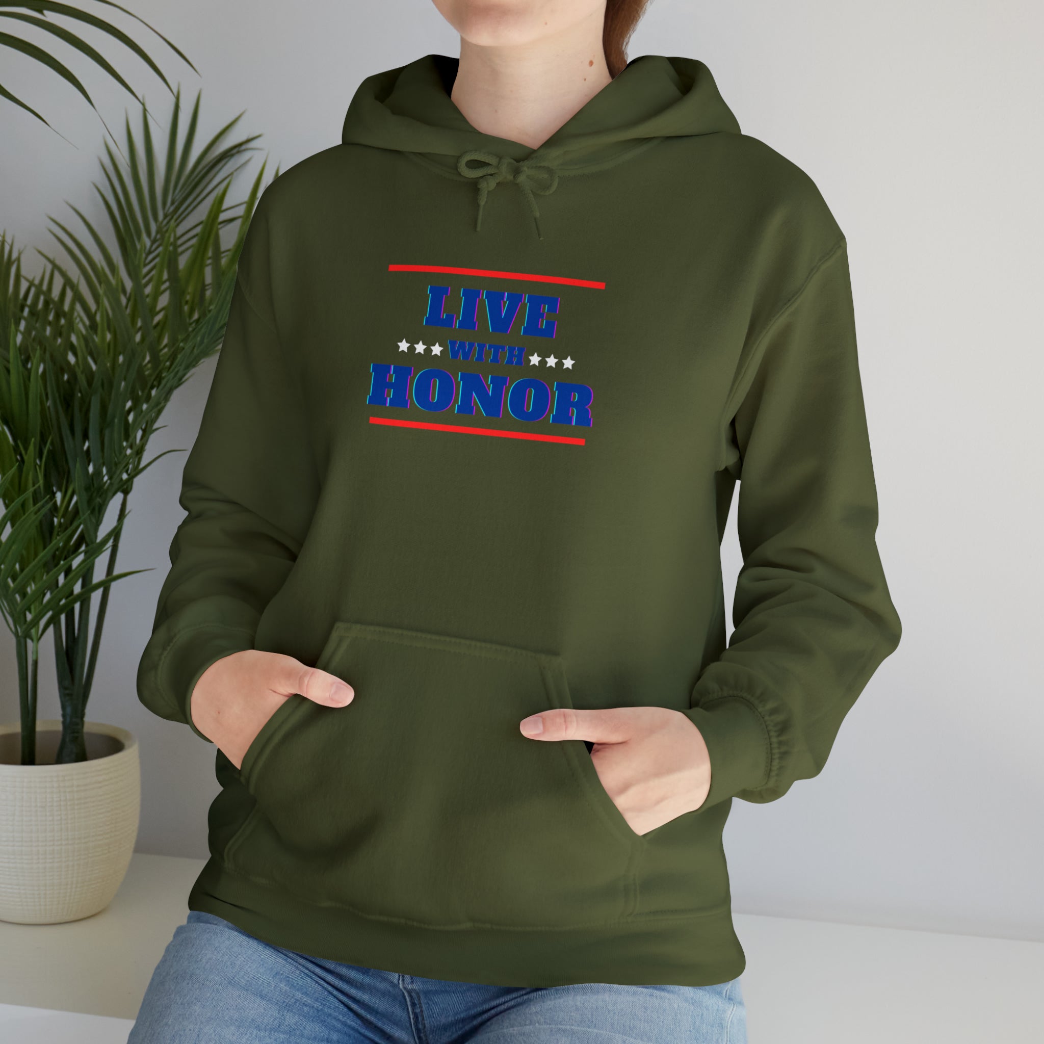 Adult female wearing military green hoodie " Live With Honor" inspired images
