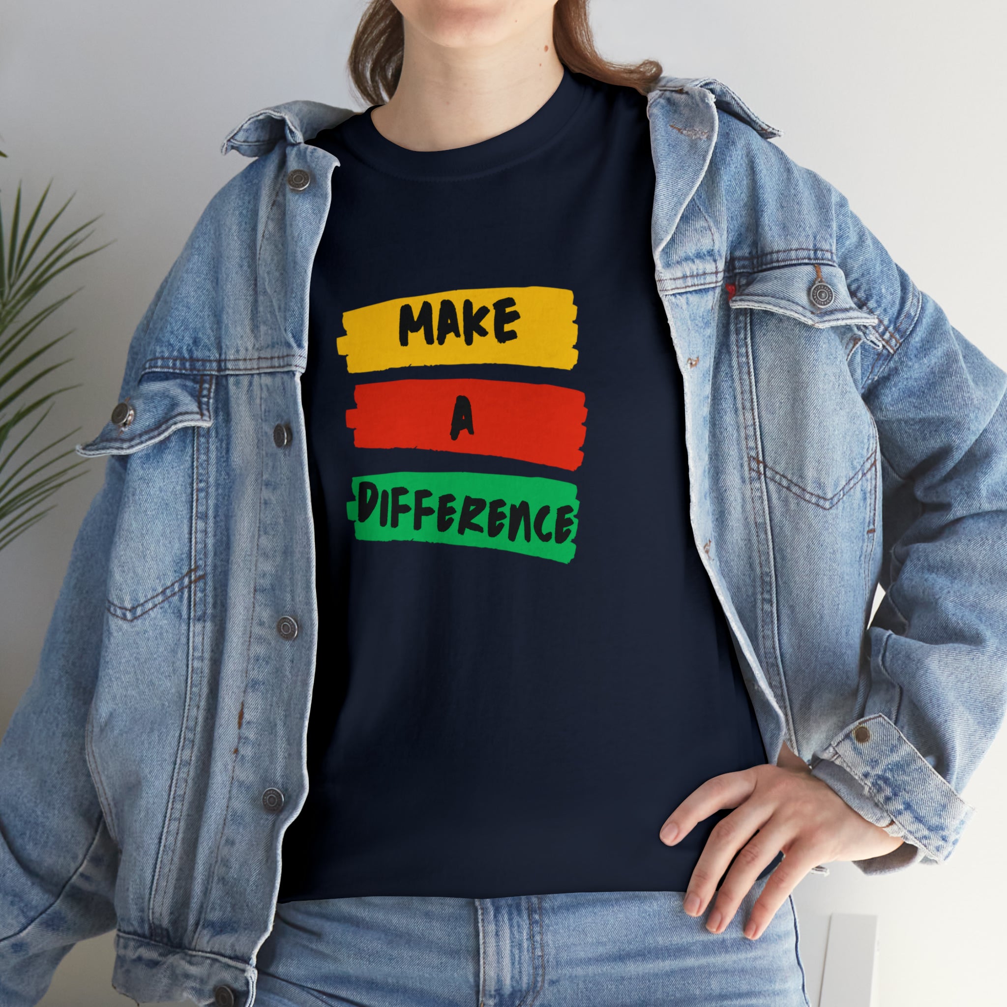 Adult female unisex navy T-Shirt with " Make A Difference" inspired images.