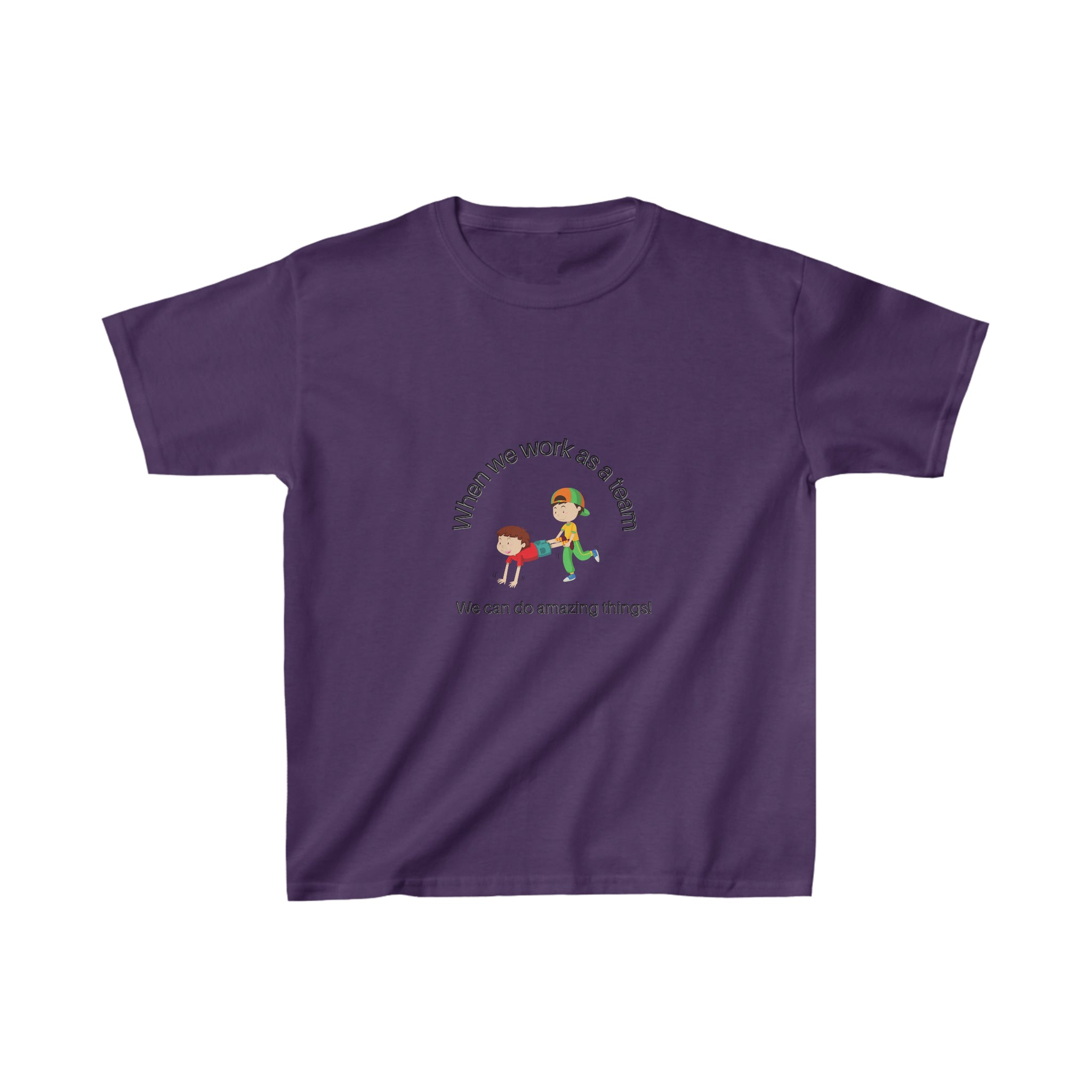 Youth unisex purple T-Shirt, with " When we work as a team we can do amazing things." Motivational graphic on front.