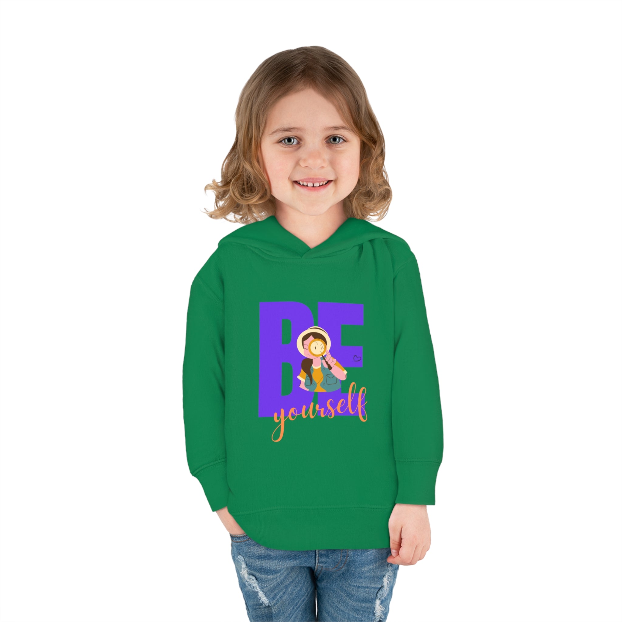Toddler girls wearing kelly hoodie with "Be Yourself" motivational image on front.