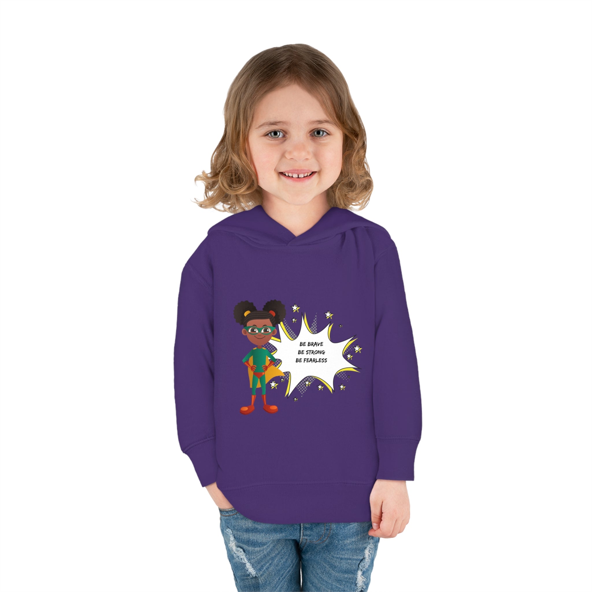 Toddler girl model wearing purple hoodie with girl superhero image with Be Bold Be Strong Be Fearless image on front