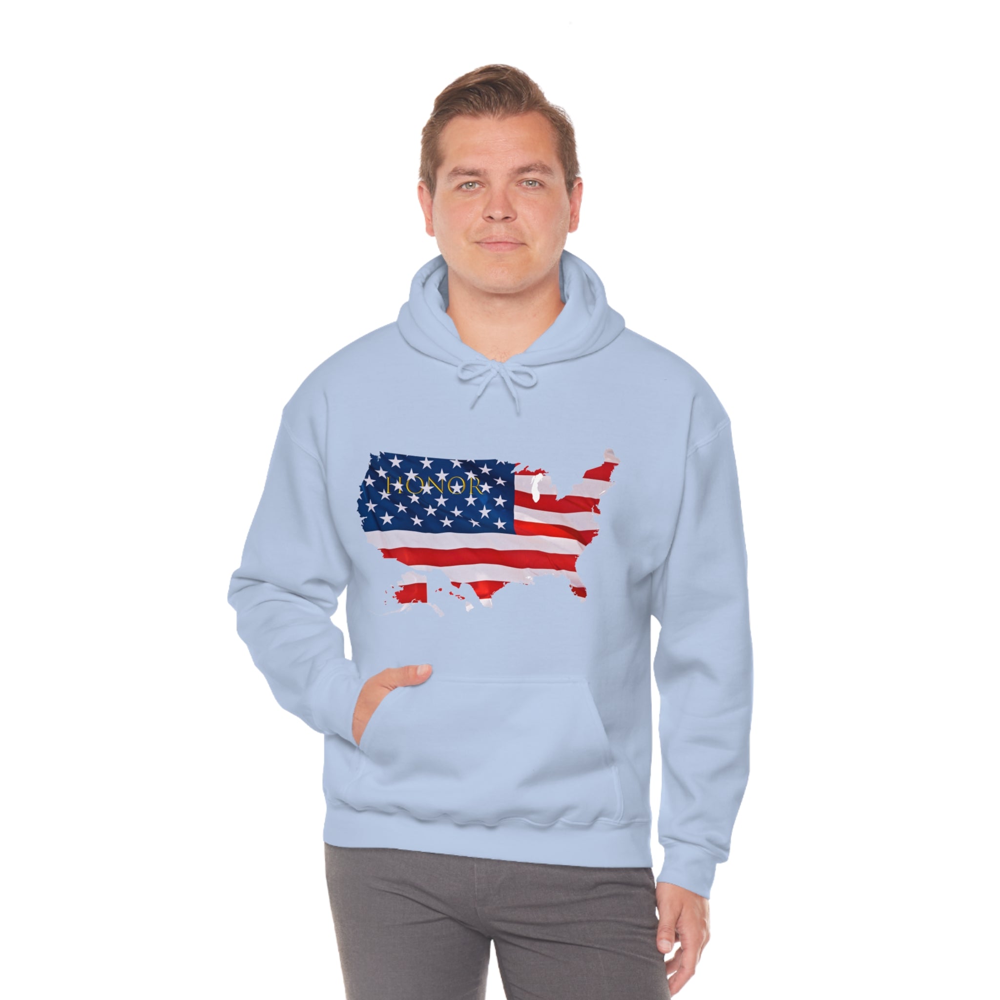 Adult Male wearing light blue hoodie with "Honor USA" inspired American as a Flag graphic on front.
