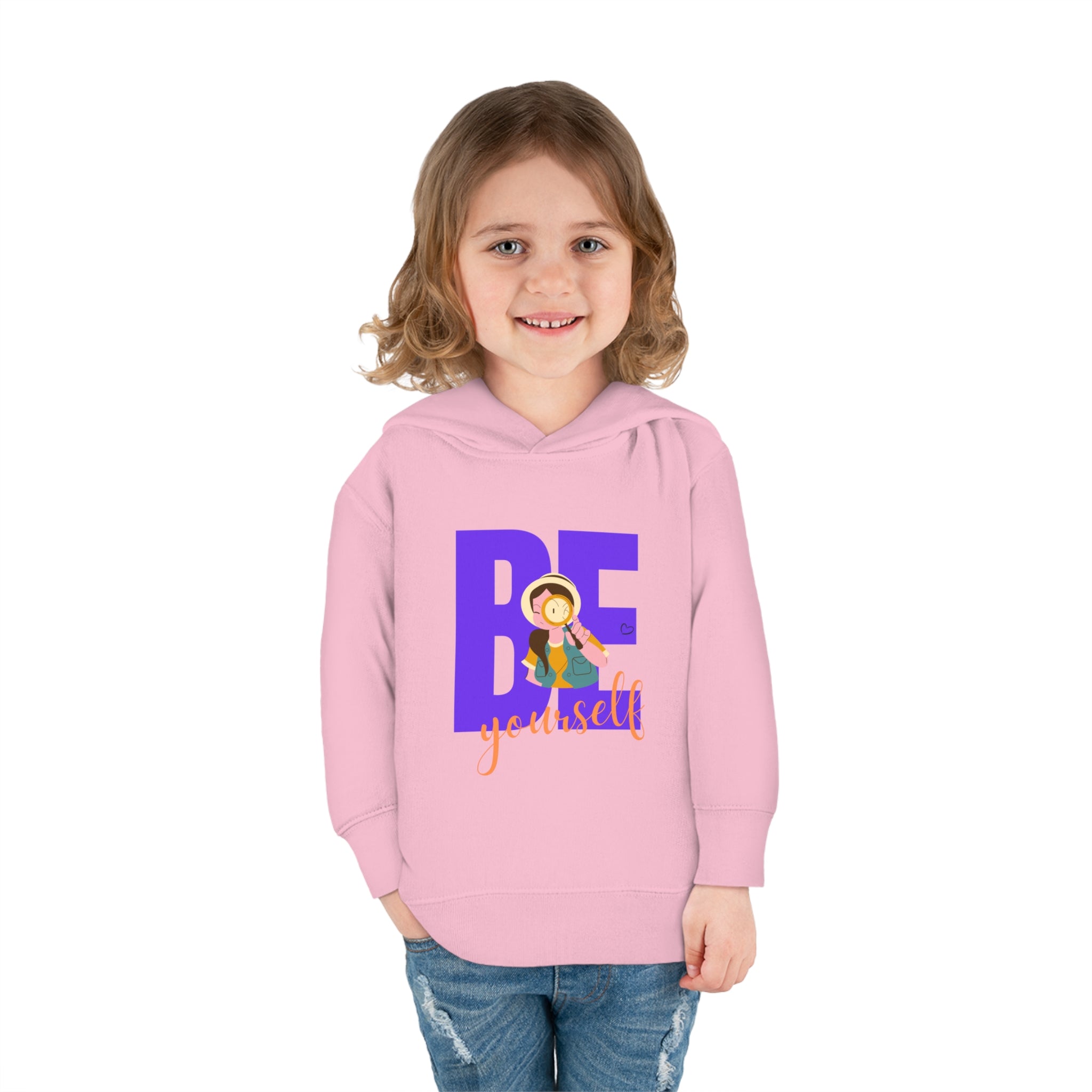 Toddler girls wearing pink  hoodie with "Be Yourself" motivational image on front.
