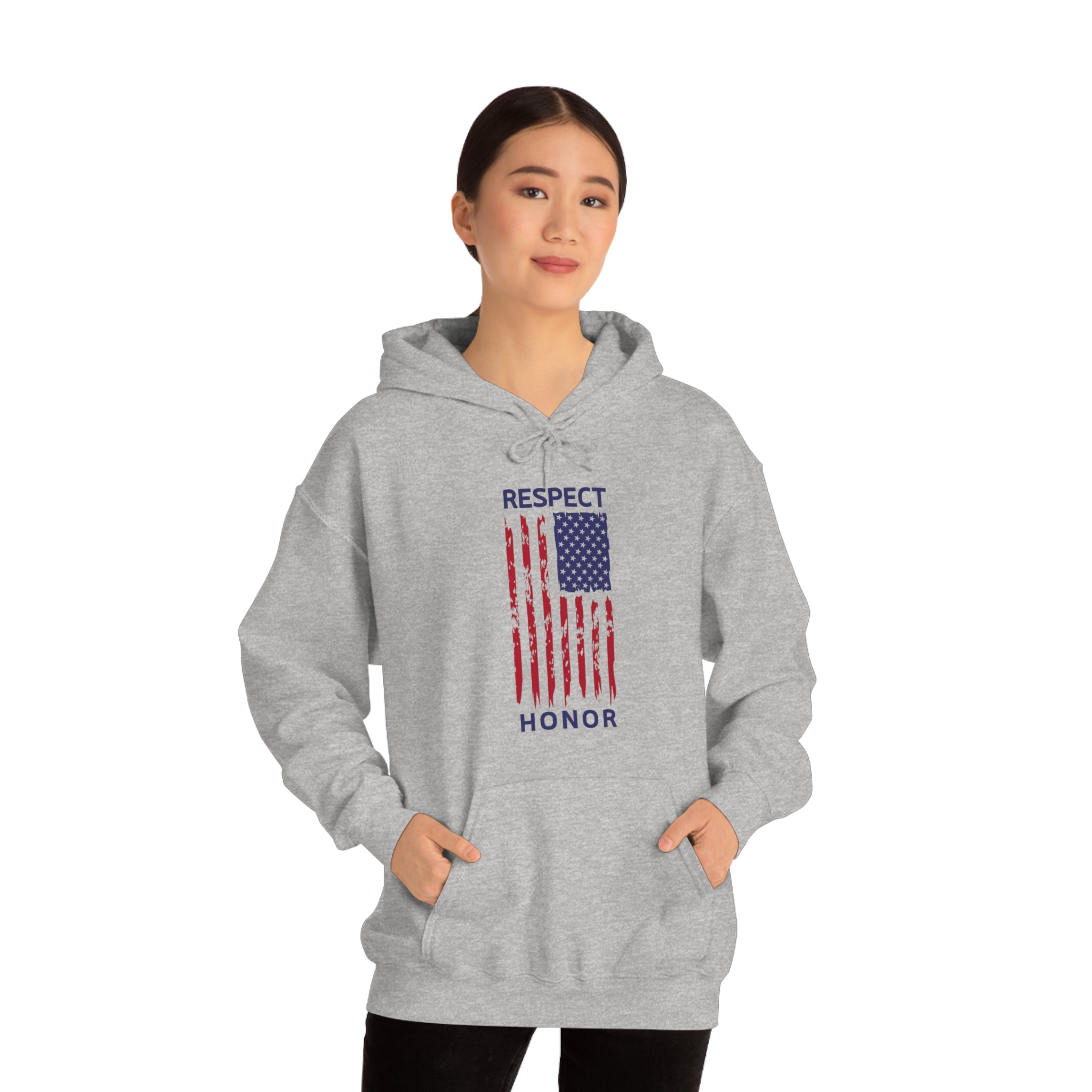 Adult Male wearing sports grey hoodie with "Respect Honor" Inspired Rustic American Flag on front.
