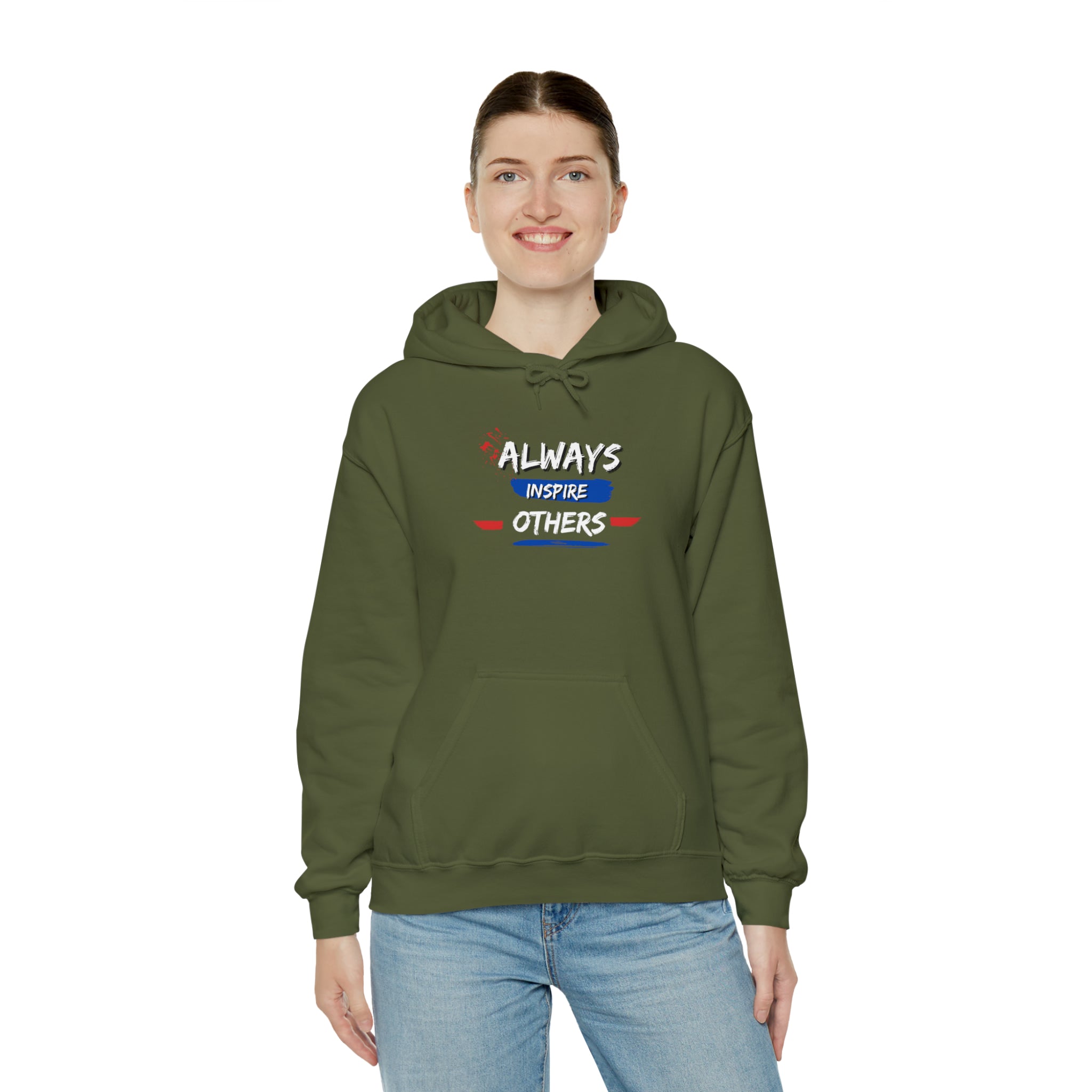 Adult female wearing army green  hoodie with "Always Inspire Others"ational image on front.