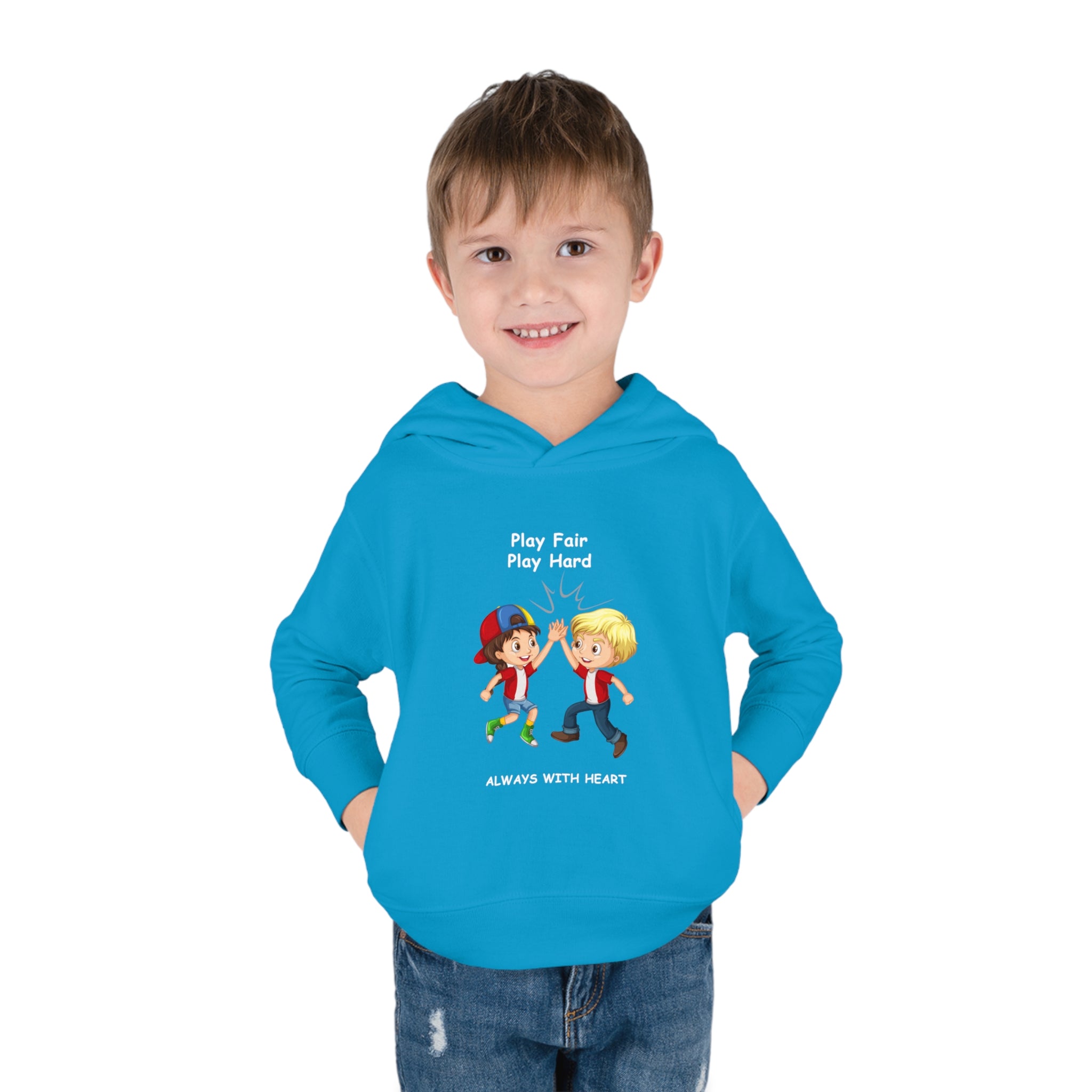 Boy Toddler  unisex Carolina Blue hoodie with " Play Fair Play Hard Always with Heart" inspired graphic