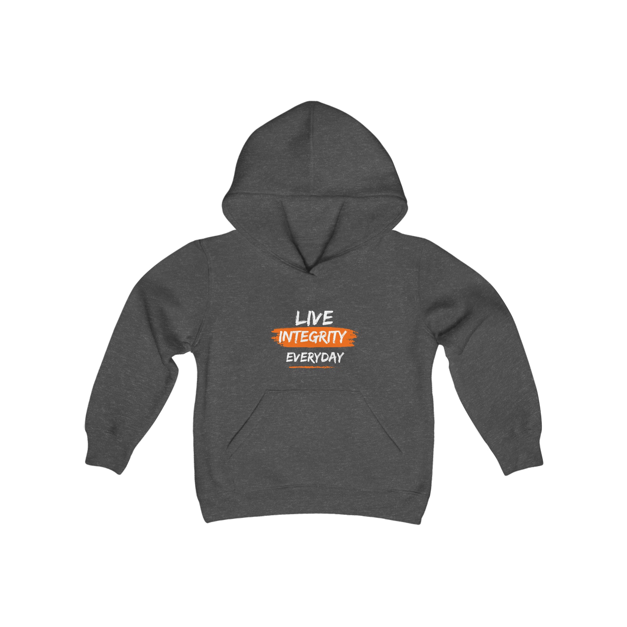 Youth unisex charcoal hoodie " Live Integrity Everyday" inspired images