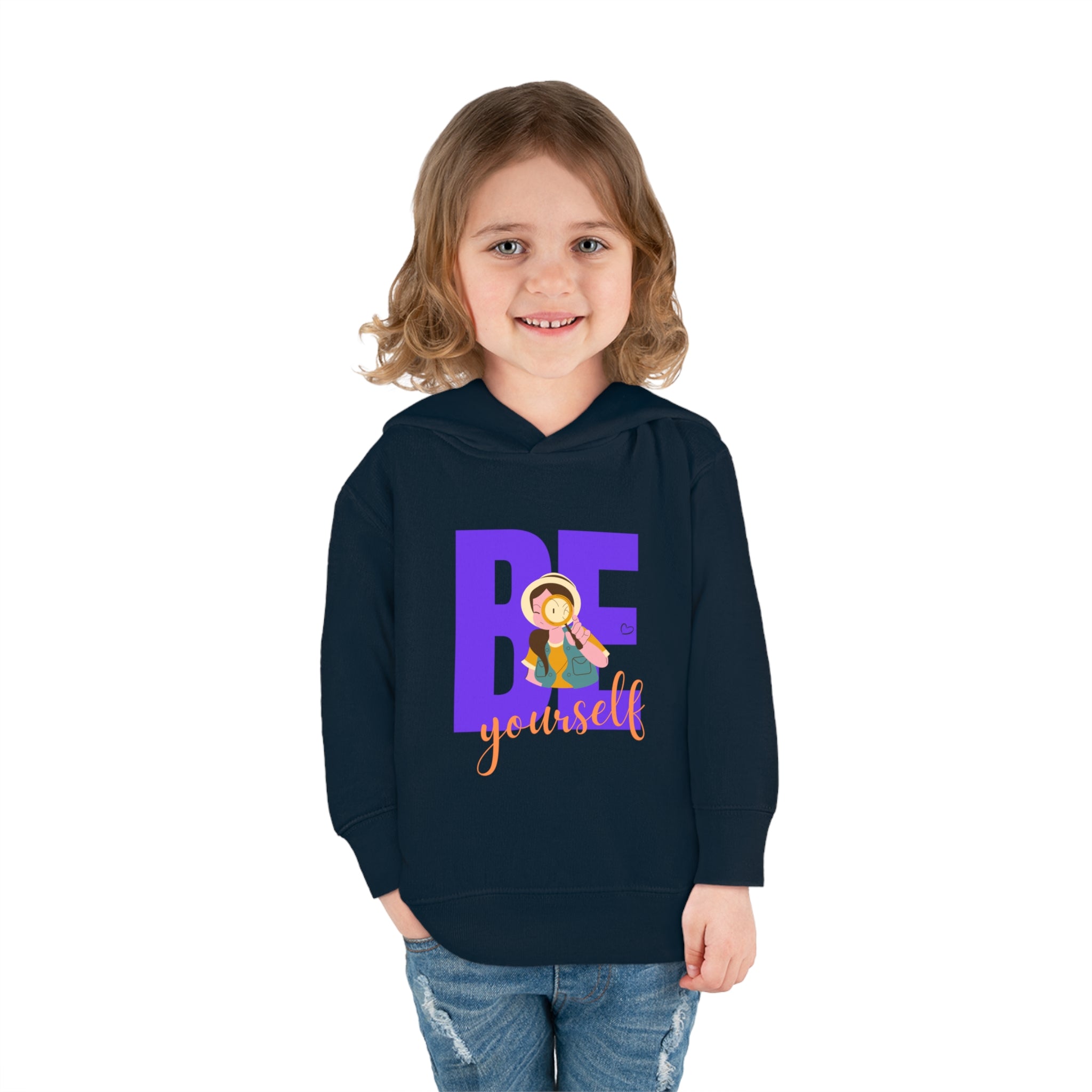 Toddler girls wearing navy hoodie with "Be Yourself" motivational image on front.
