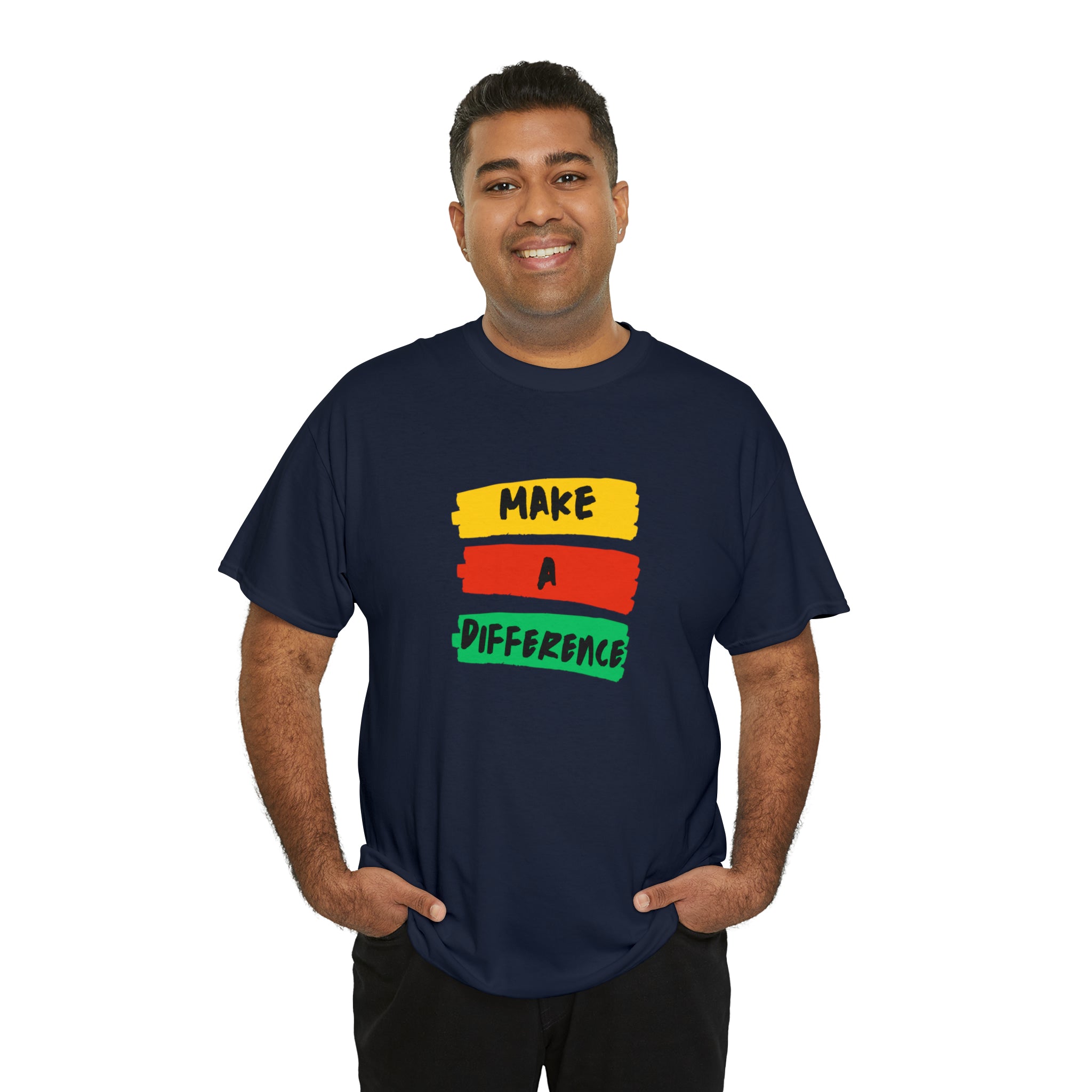 Adult male unisex navy T-Shirt with " Make A Difference" inspired images.