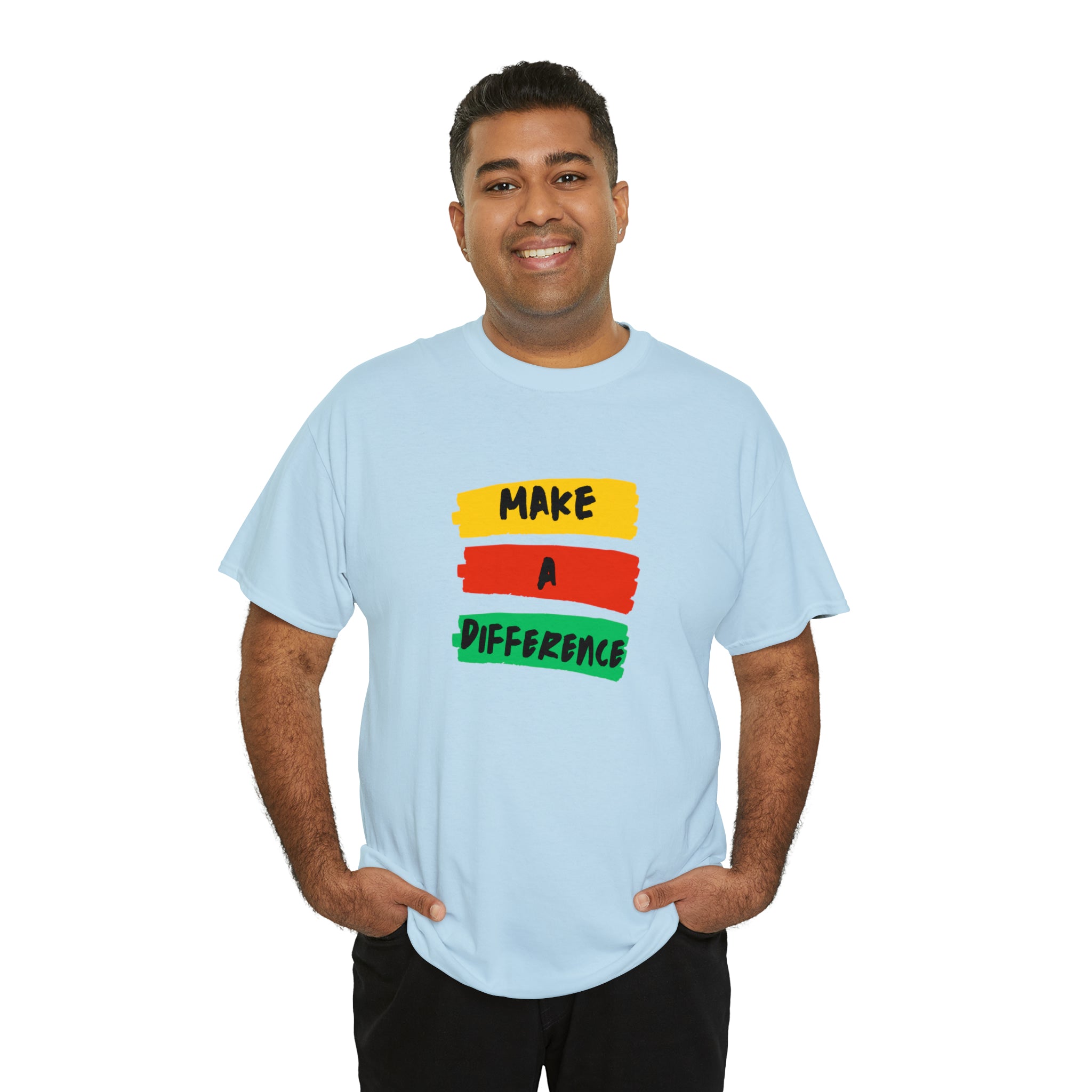 Adult male unisex light blue T-Shirt with " Make A Difference" inspired images.