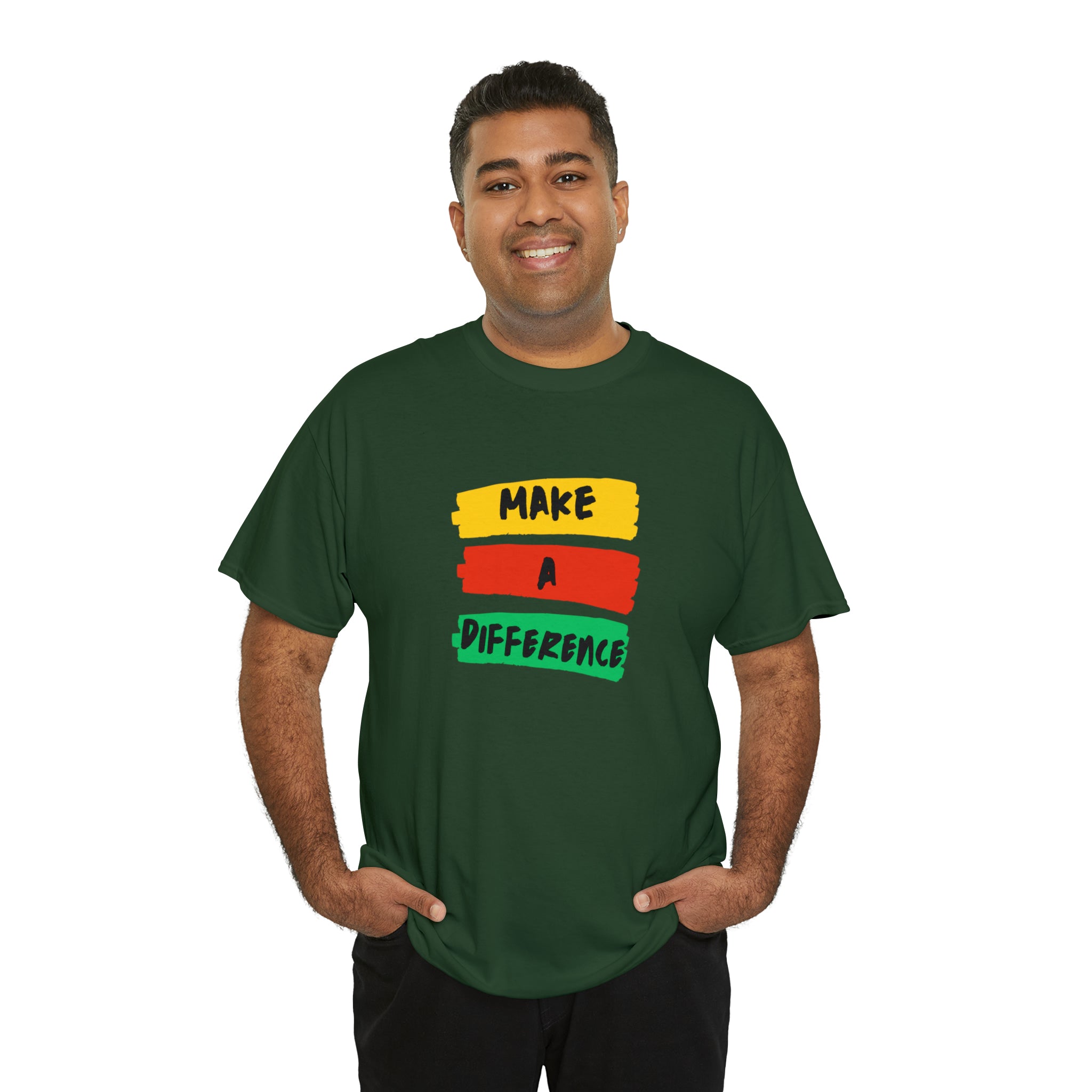 Adult male unisex forest green T-Shirt with " Make A Difference" inspired images.