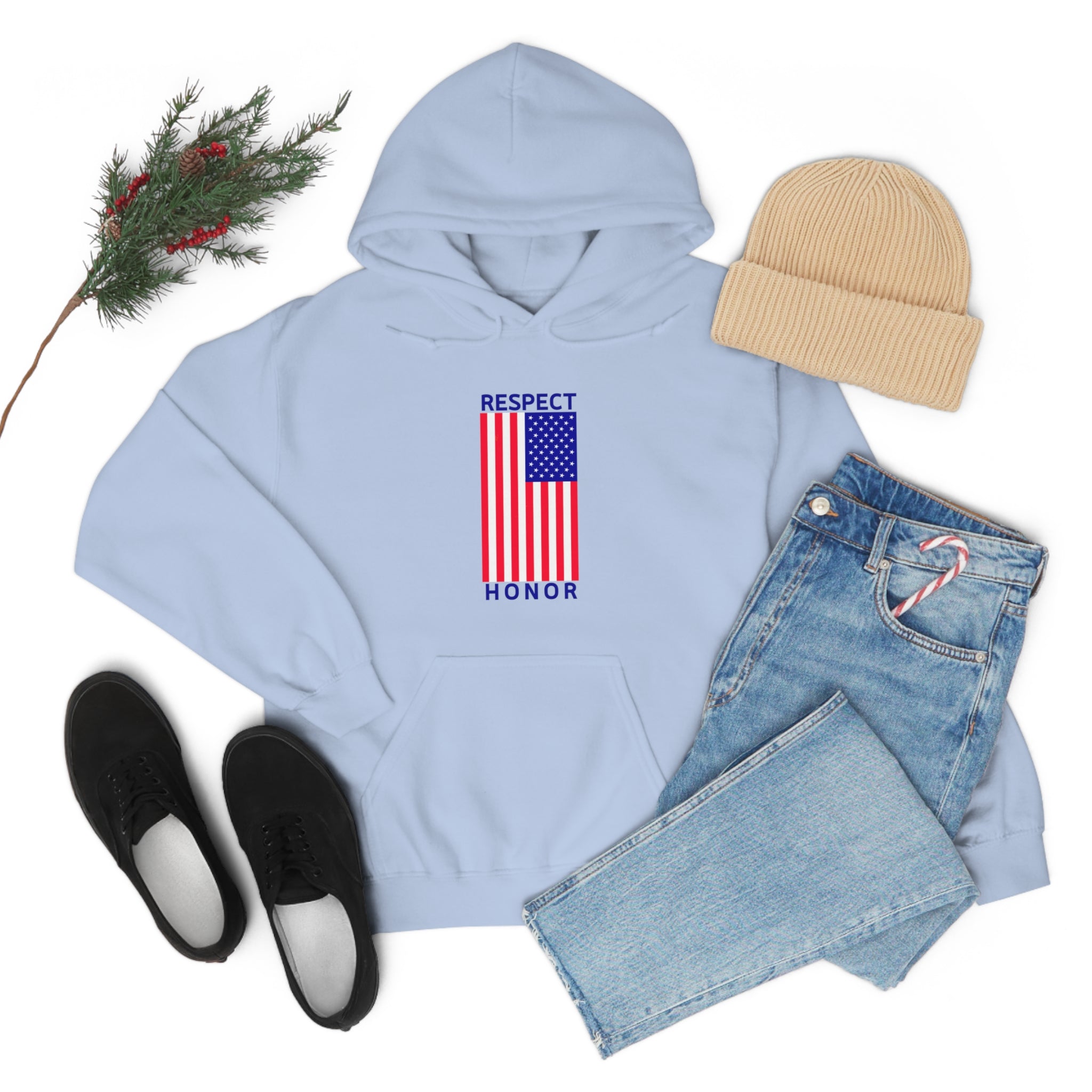 Light blue hoodie with "Respect Honor" Inspired Classic American Flag on front. Blue jeans tan hat black sneakers