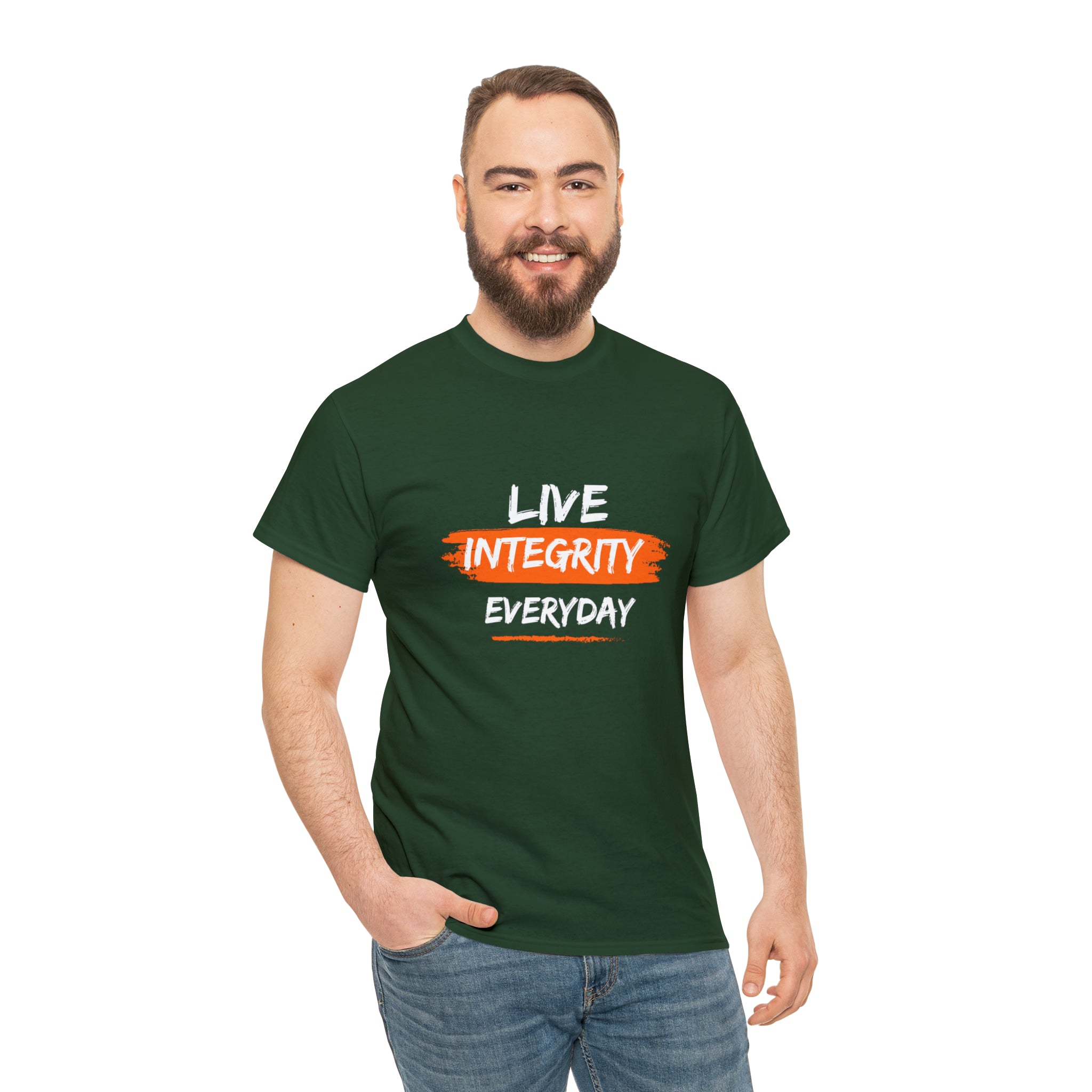 Adult male wearing forest green T-Shirt " Live Integrity Everyday" inspired images