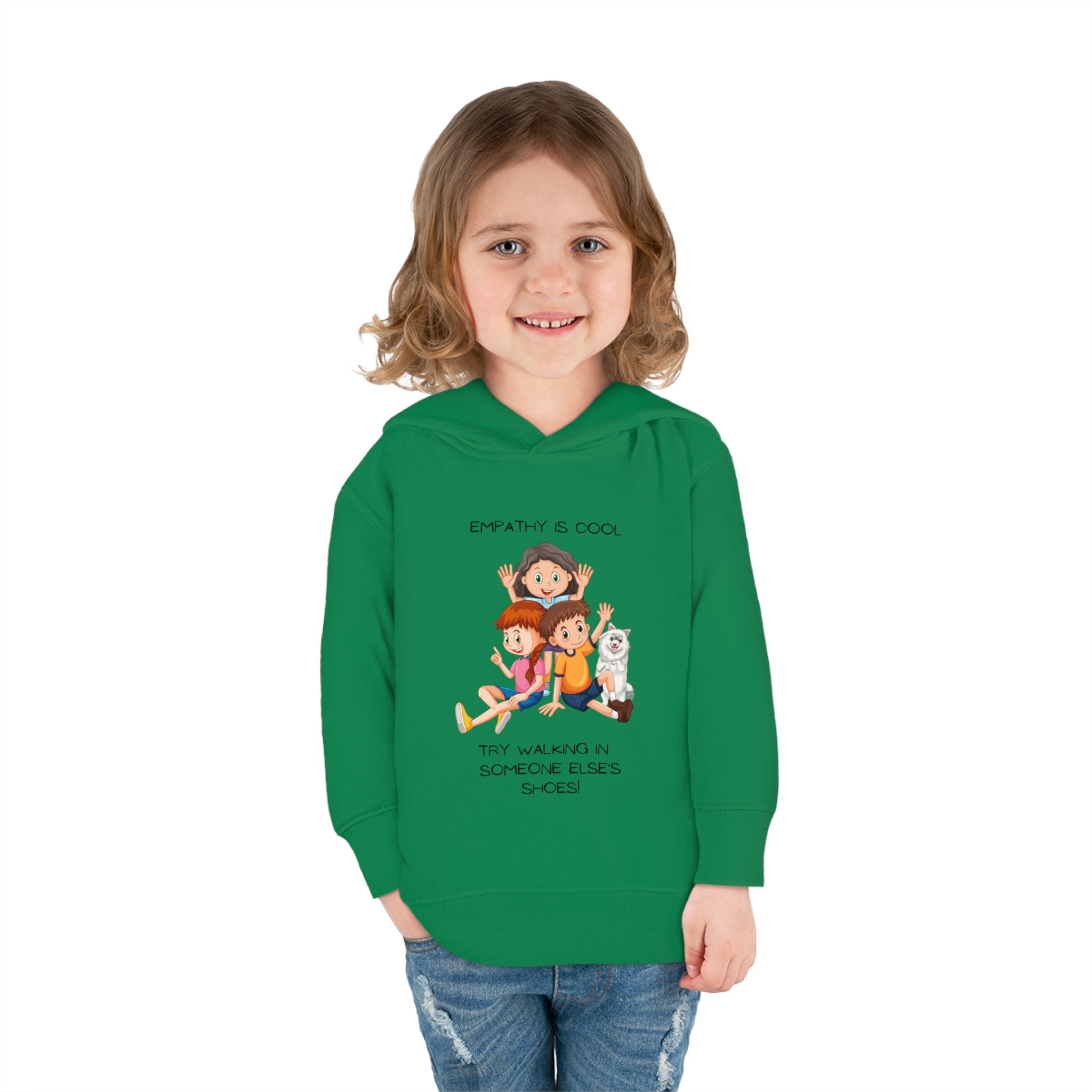 Toddler girl wearing irish green hoodie " Empathy Is Cool Try Walking In Someone Else's Shoes" Inspired message on front.